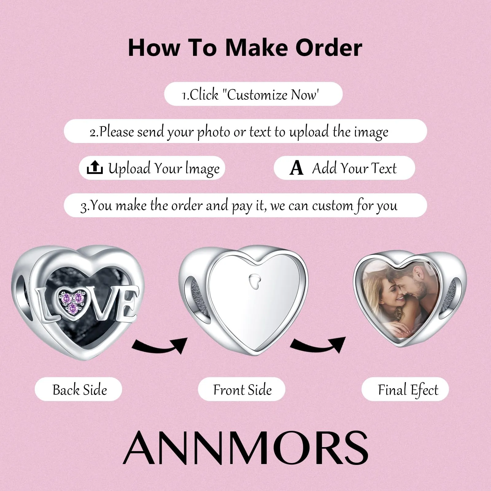 Annmors 925 Sterling Silver Personalized Photo Heart Charm for Bracelets and Necklaces - immagine 3