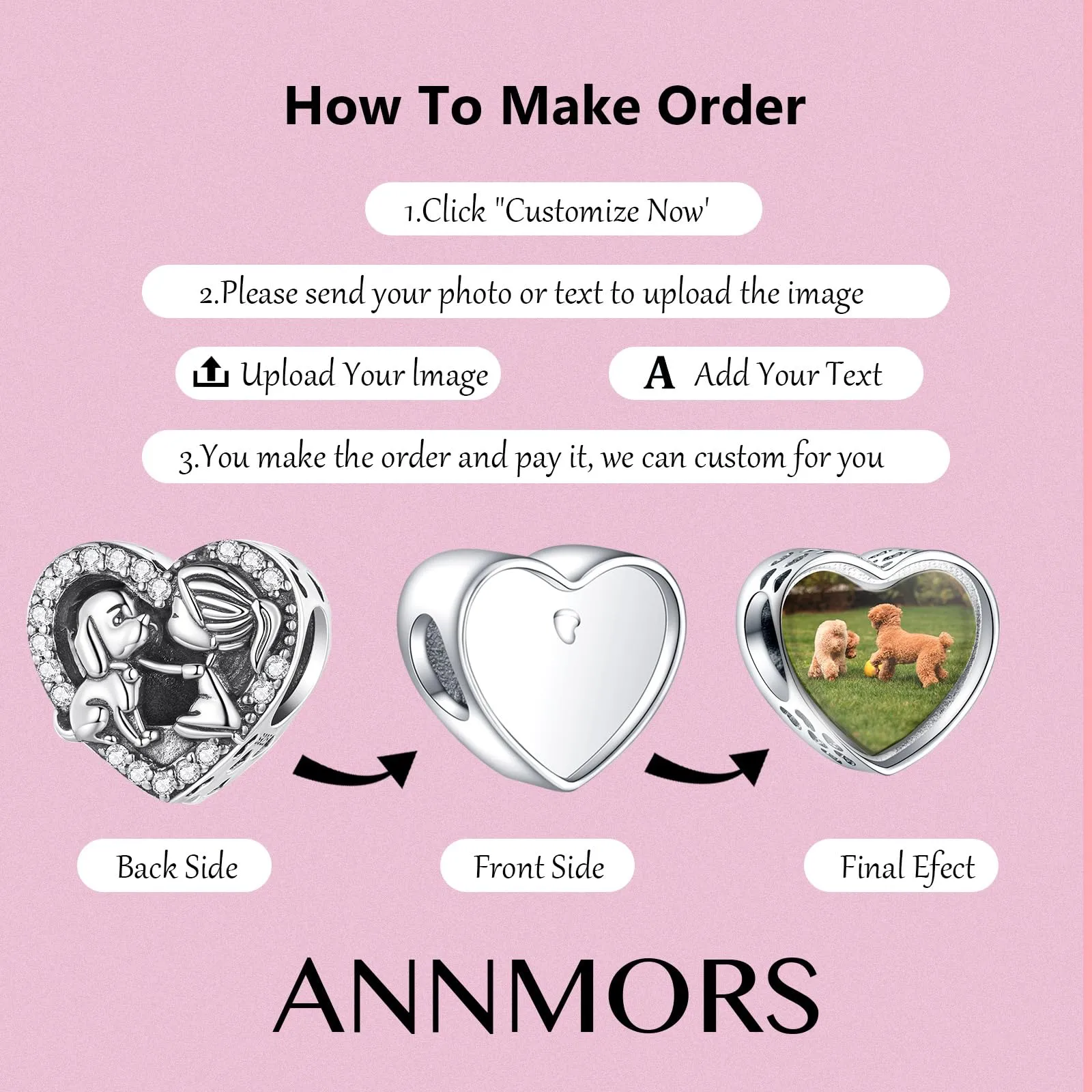 Annmors Cuore Charm Personalizzato Foto in Argento Sterling 925 per Bracciale Perline - immagine 3