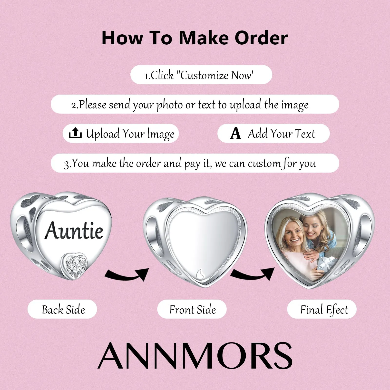 Annmors Zia Cuore Personalizzato Charm in Argento Sterlina 925 per Braccialetto e Collana - immagine 3