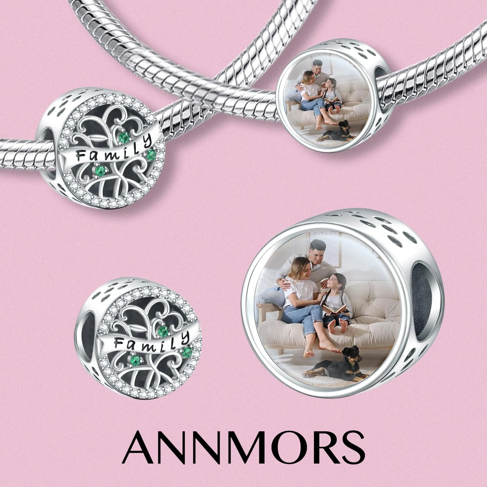 Annmors Albero Genealogico Verde in Argento 925 Ciondolo Personalizzato per Braccialetto e Collana - immagine 2