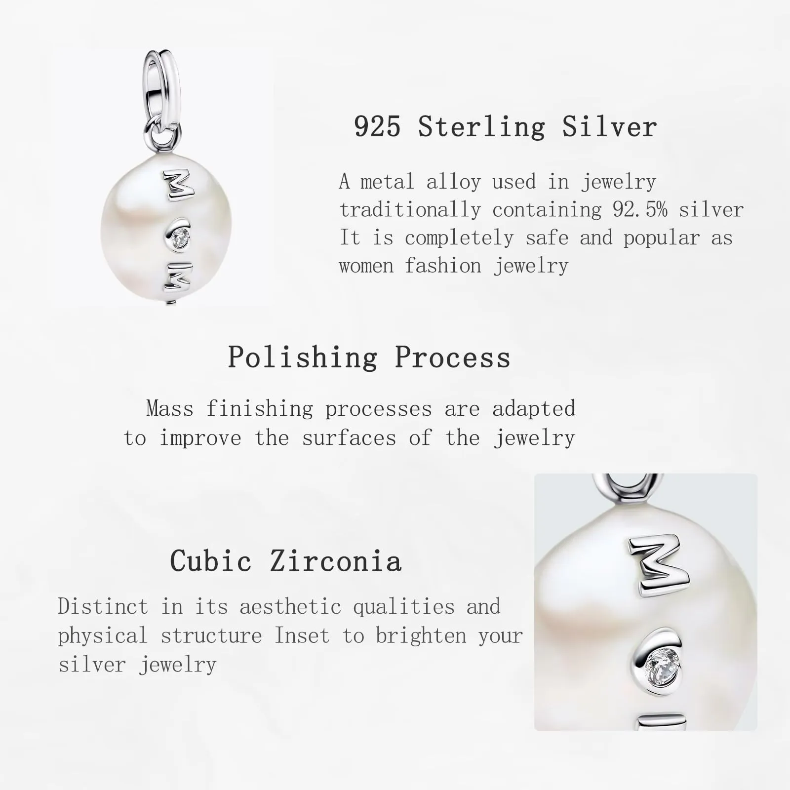 NUNUYAYA MOM Pearl Pendant Charm in 925 Sterling Silver with Cubic Zirconia - immagine 4