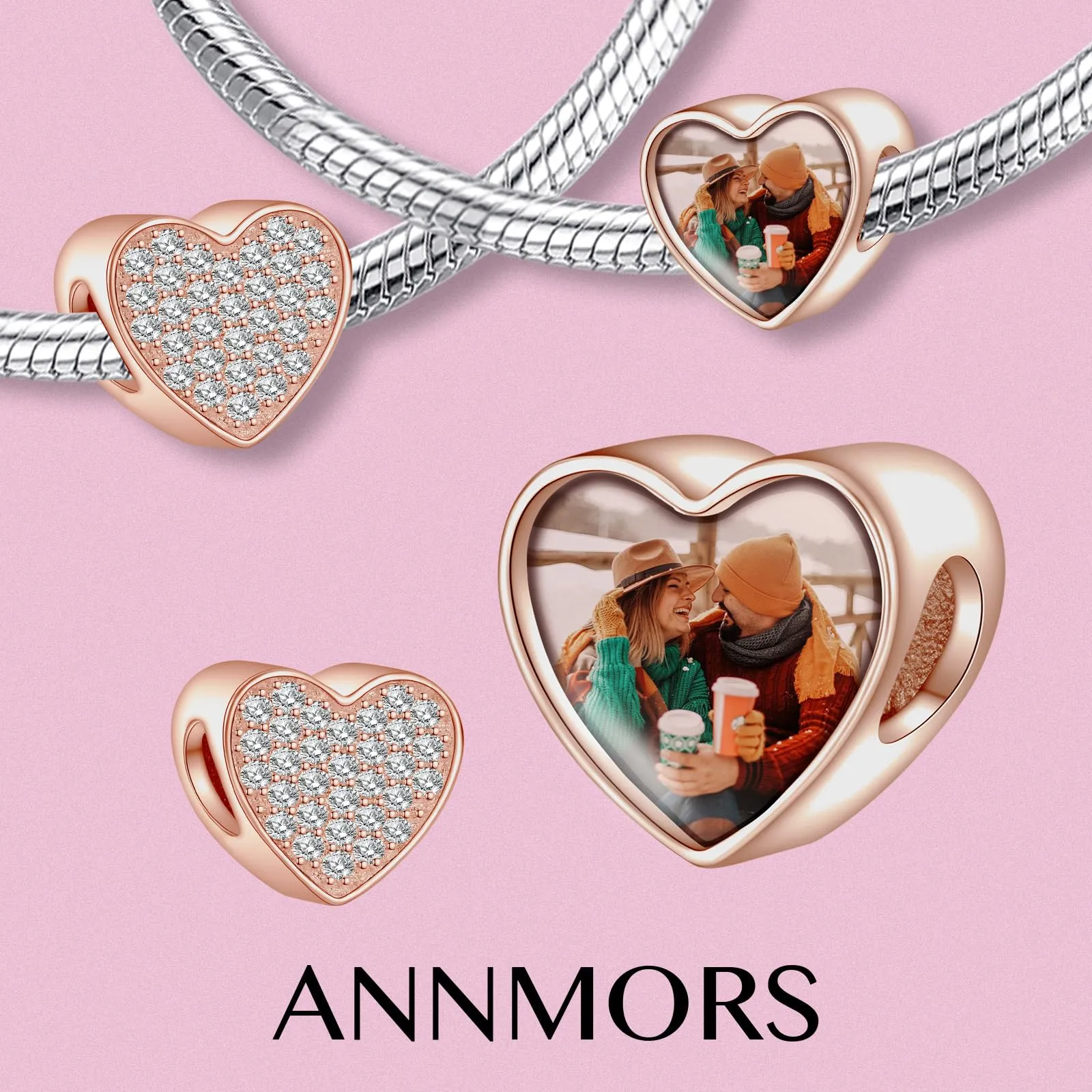 Annmors Personalizzato Photo Charm Cuore in Argento Sterling 925 Rose Gold per Braccialetto e Collana - immagine 2