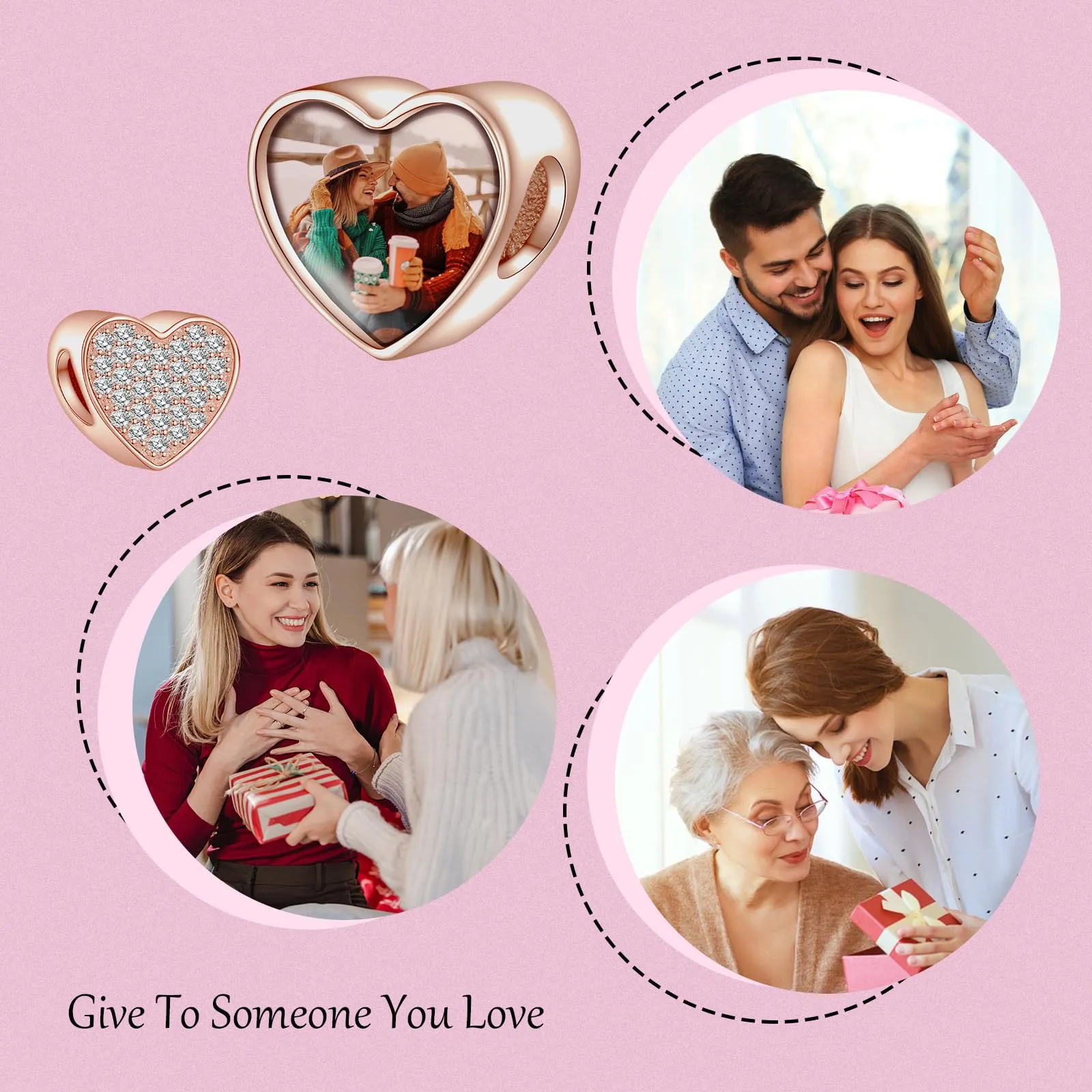 Annmors Personalizzato Photo Charm Cuore in Argento Sterling 925 Rose Gold per Braccialetto e Collana - immagine 3