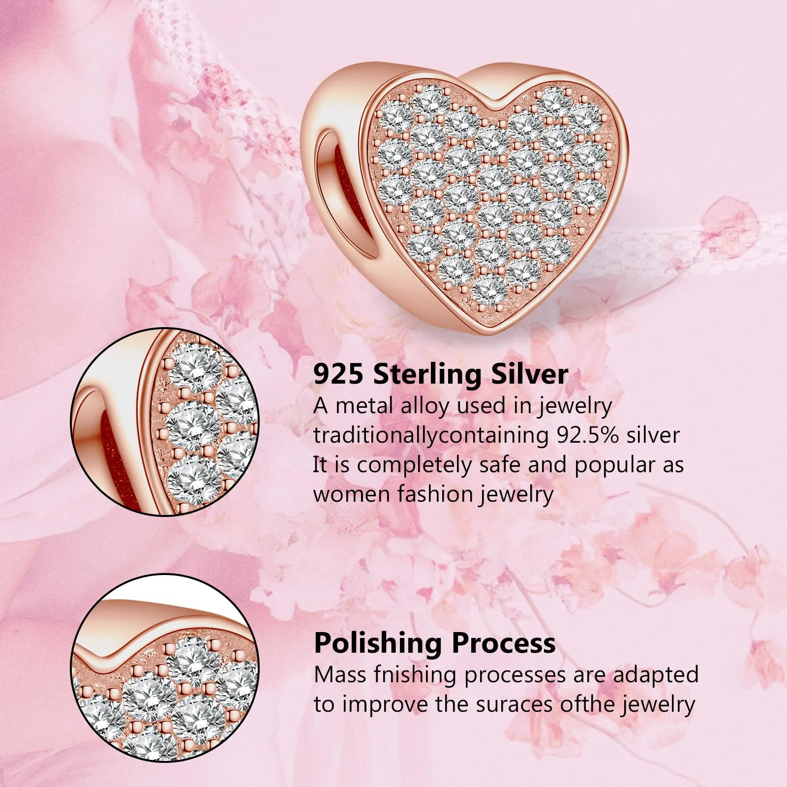 Annmors Personalizzato Photo Charm Cuore in Argento Sterling 925 Rose Gold per Braccialetto e Collana - immagine 5