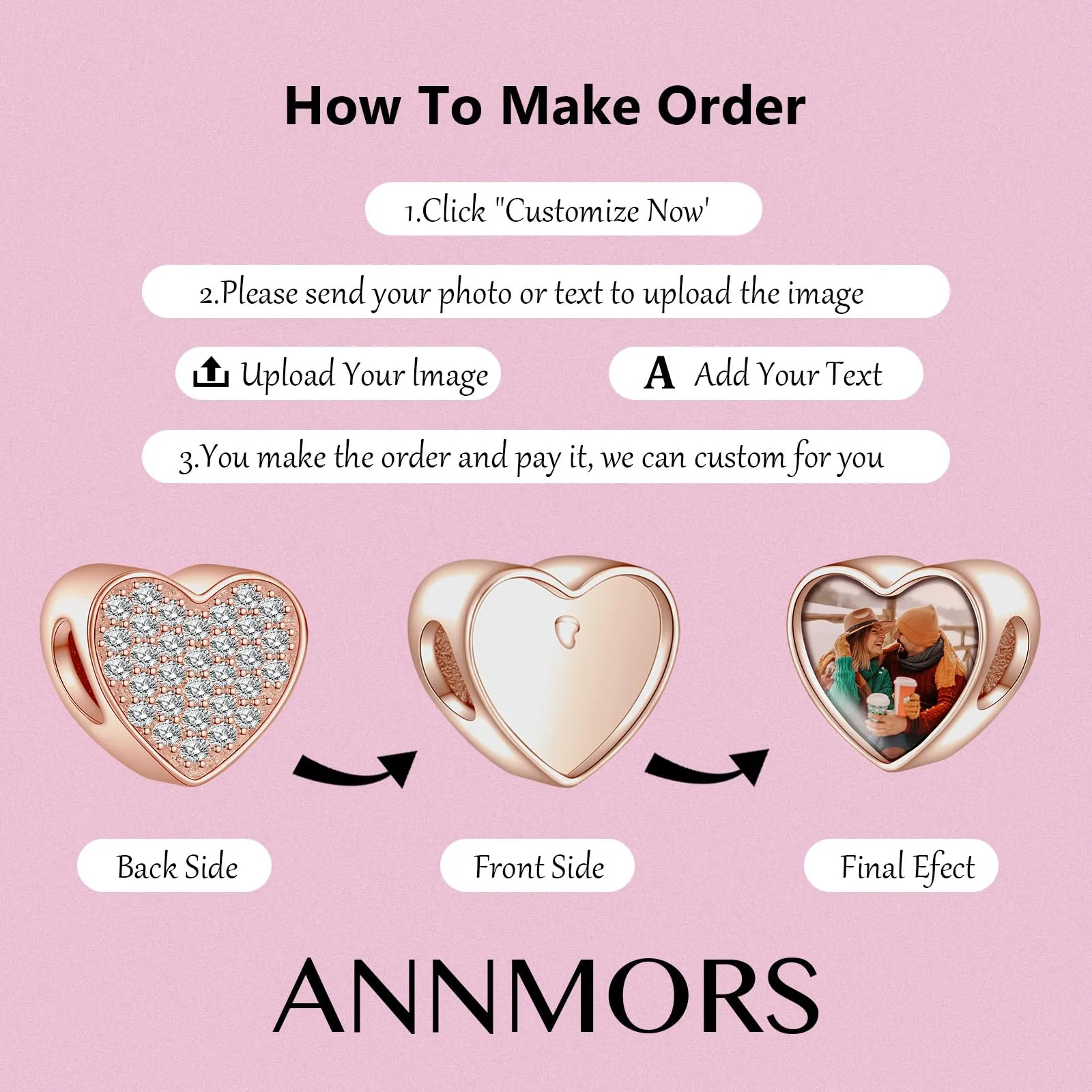 Annmors Personalizzato Photo Charm Cuore in Argento Sterling 925 Rose Gold per Braccialetto e Collana - immagine 6