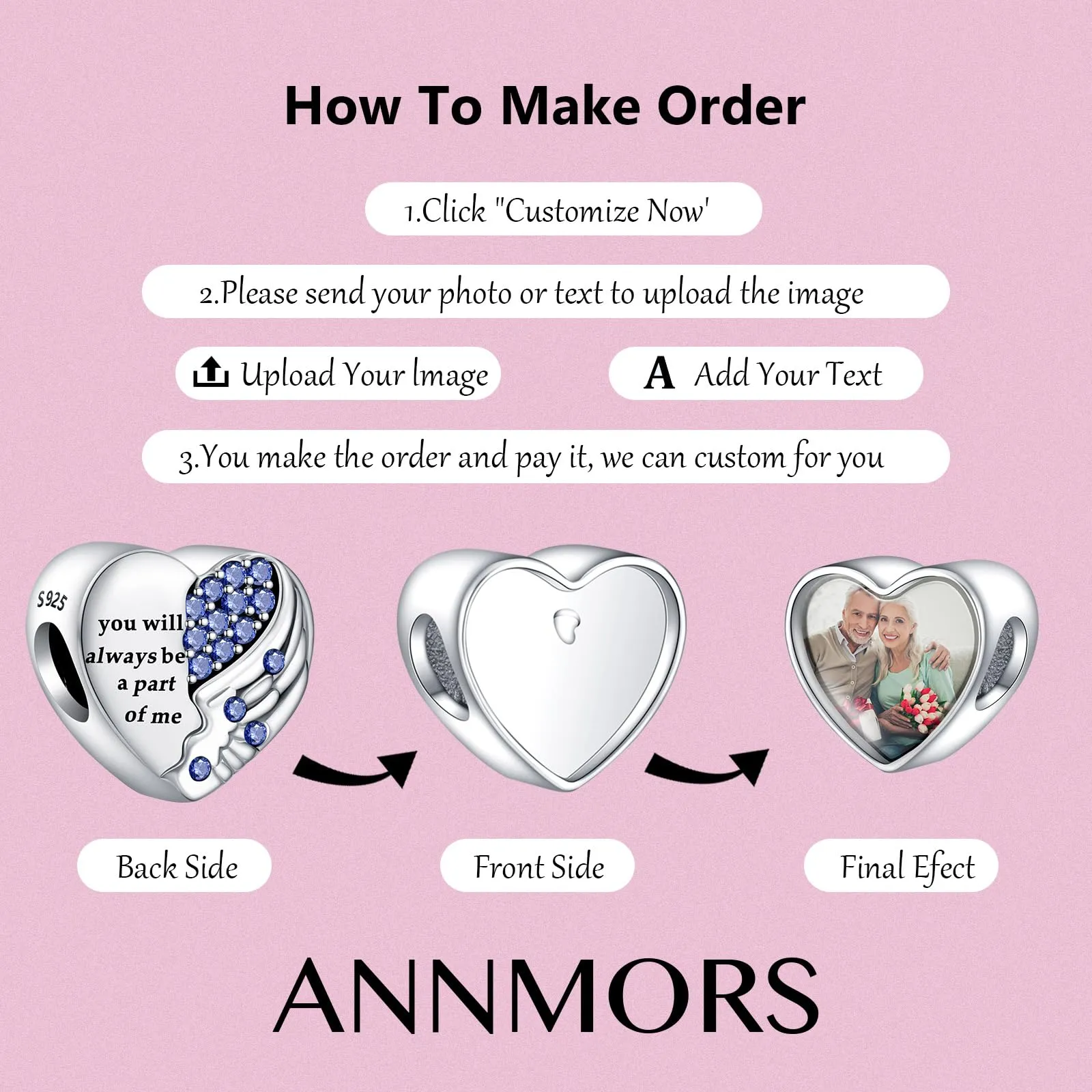 Annmors Personalizzato Foto Charms in Argento Sterling 925 per Bracciali e Collane - Viola - immagine 3