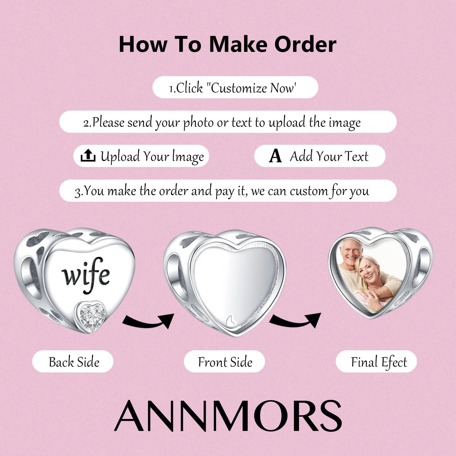Annmors Cuore Personalizzato Charm in Argento 925 per Braccialetto e Collana - immagine 3