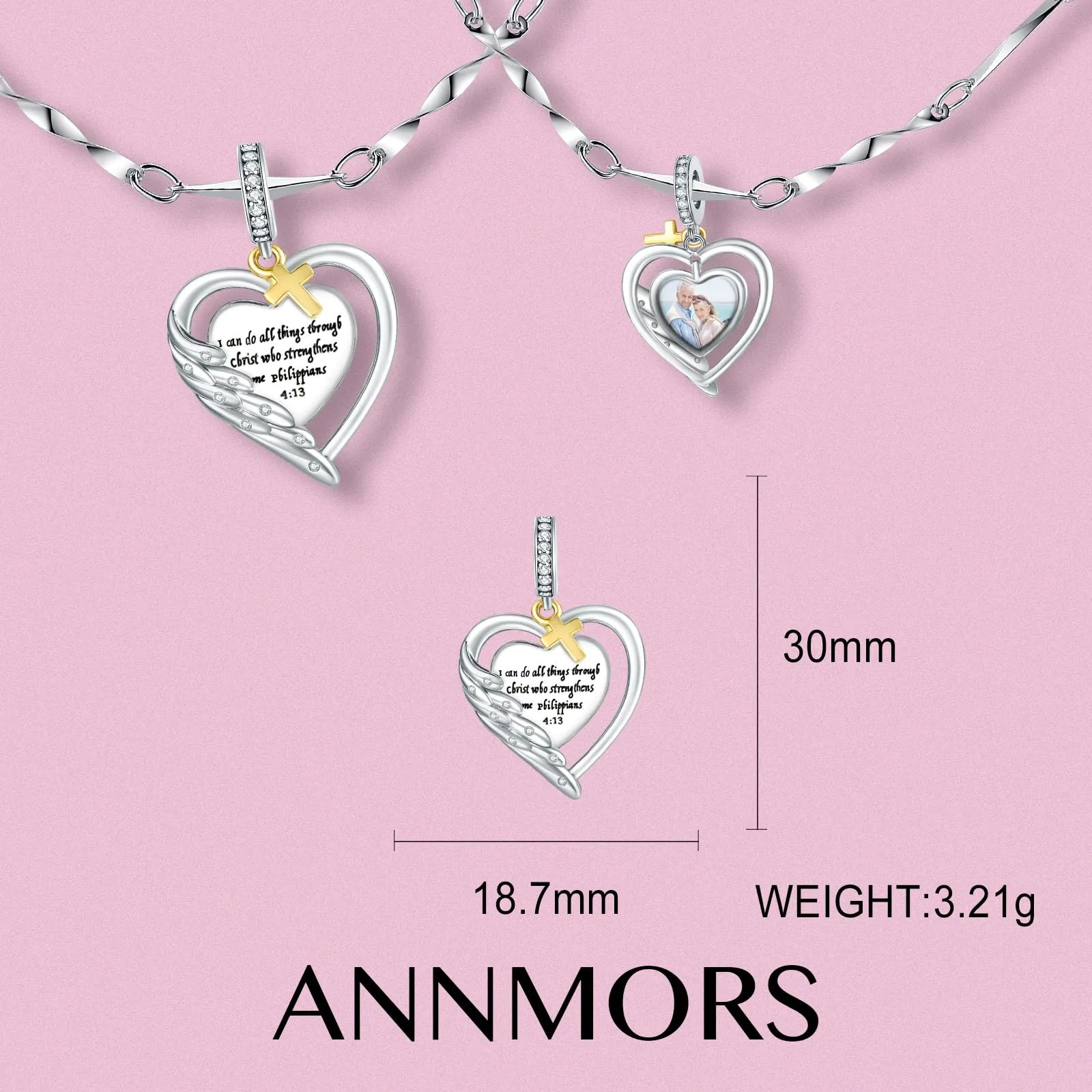 Annmors Ciondolo Cuore con Ali d'Angelo e Croce in Argento Sterling 925 per Bracciali e Collane Donna - immagine 2