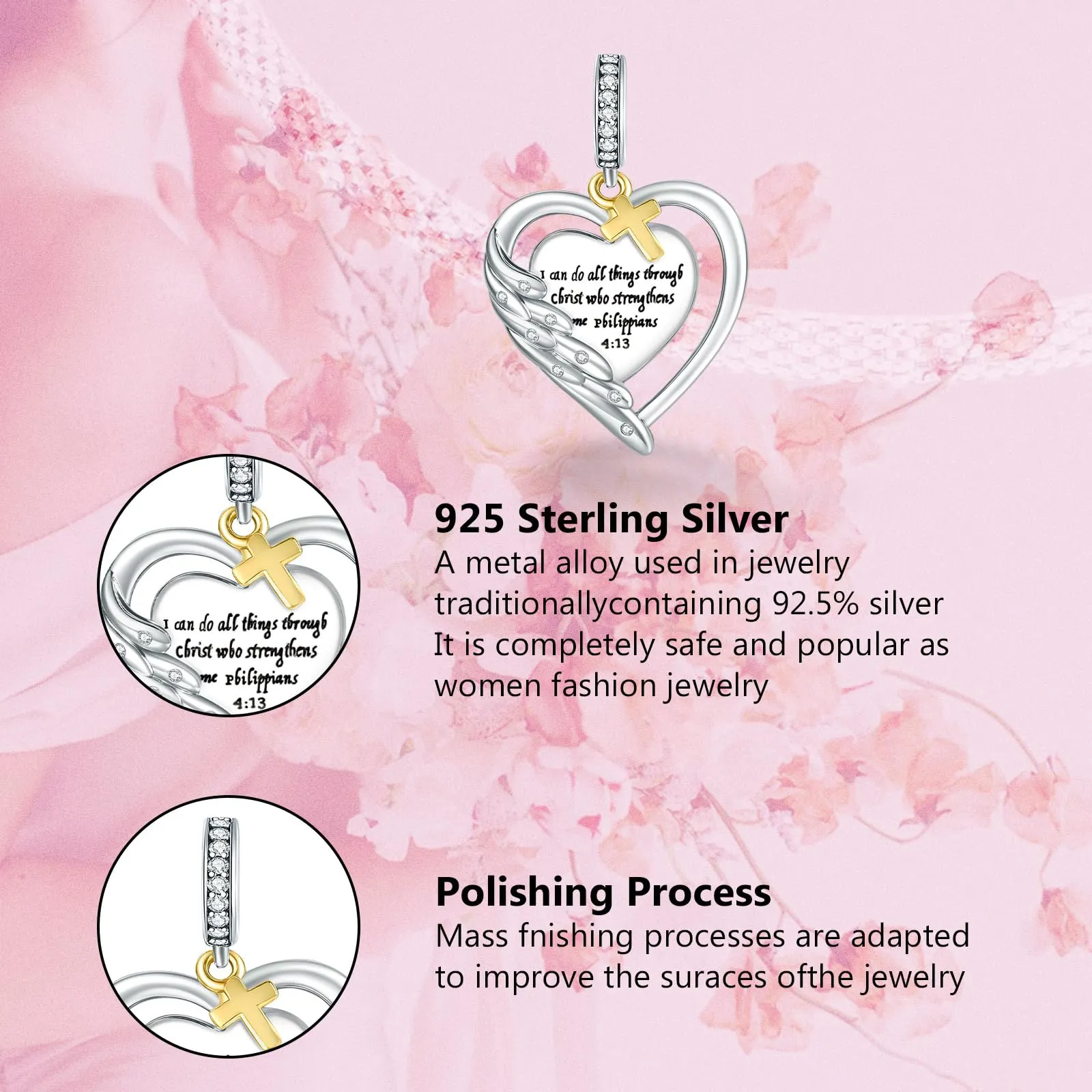 Annmors Ciondolo Cuore con Ali d'Angelo e Croce in Argento Sterling 925 per Bracciali e Collane Donna - immagine 4