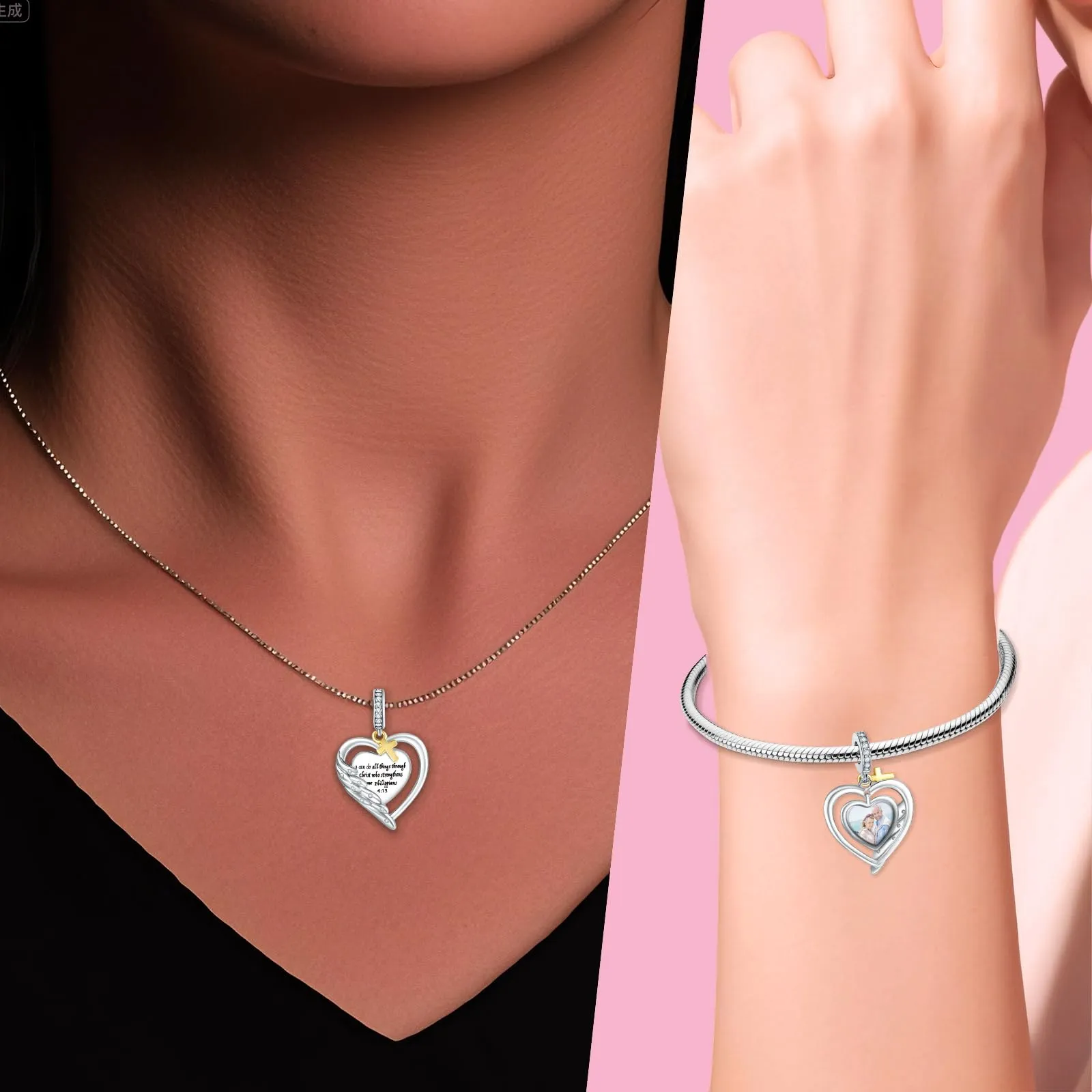 Annmors Ciondolo Cuore con Ali d'Angelo e Croce in Argento Sterling 925 per Bracciali e Collane Donna - immagine 5
