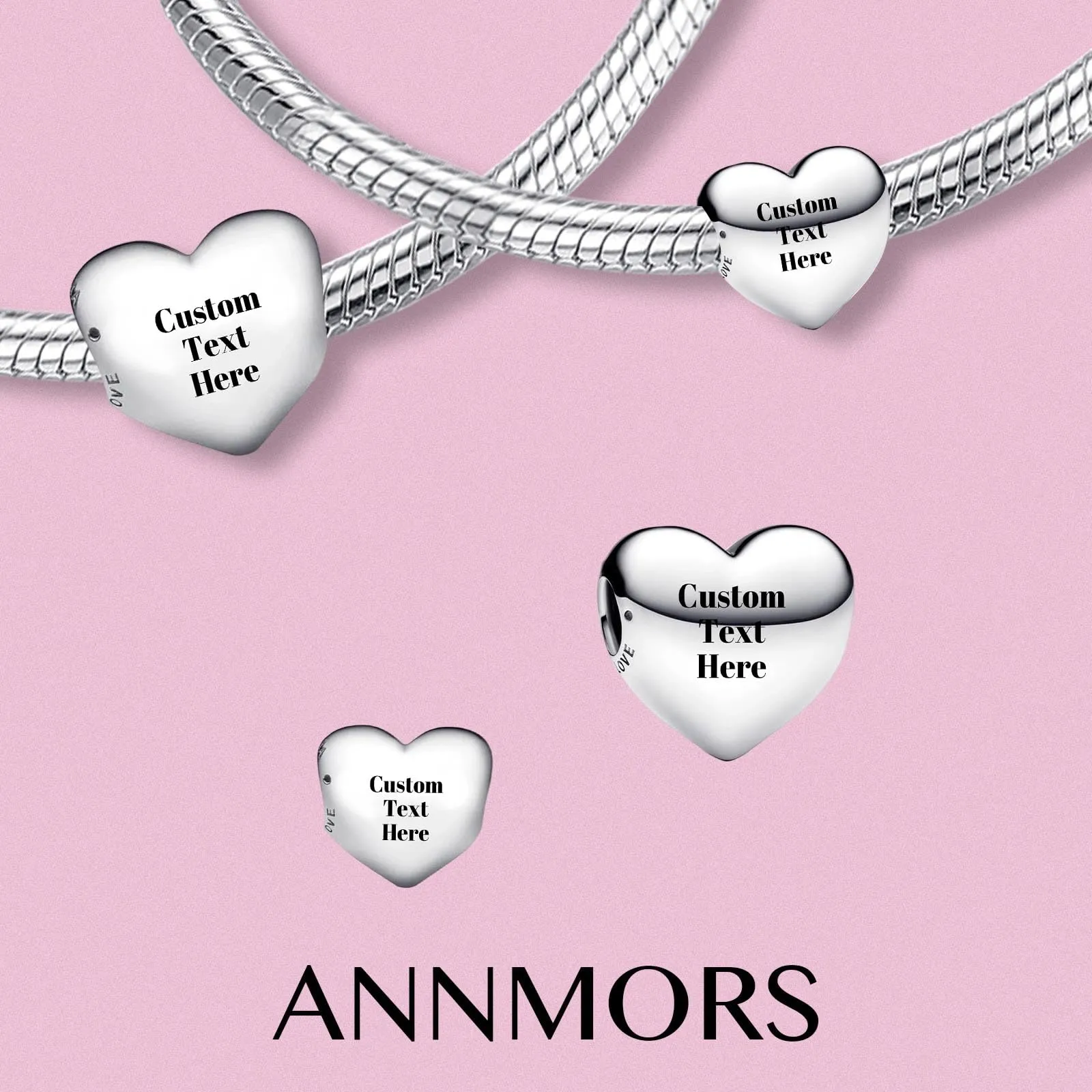 Annmors Ciondolo Cuore Doppio Lato Personalizzato in Argento Sterling 925 per Braccialetto e Collana Donna - immagine 2