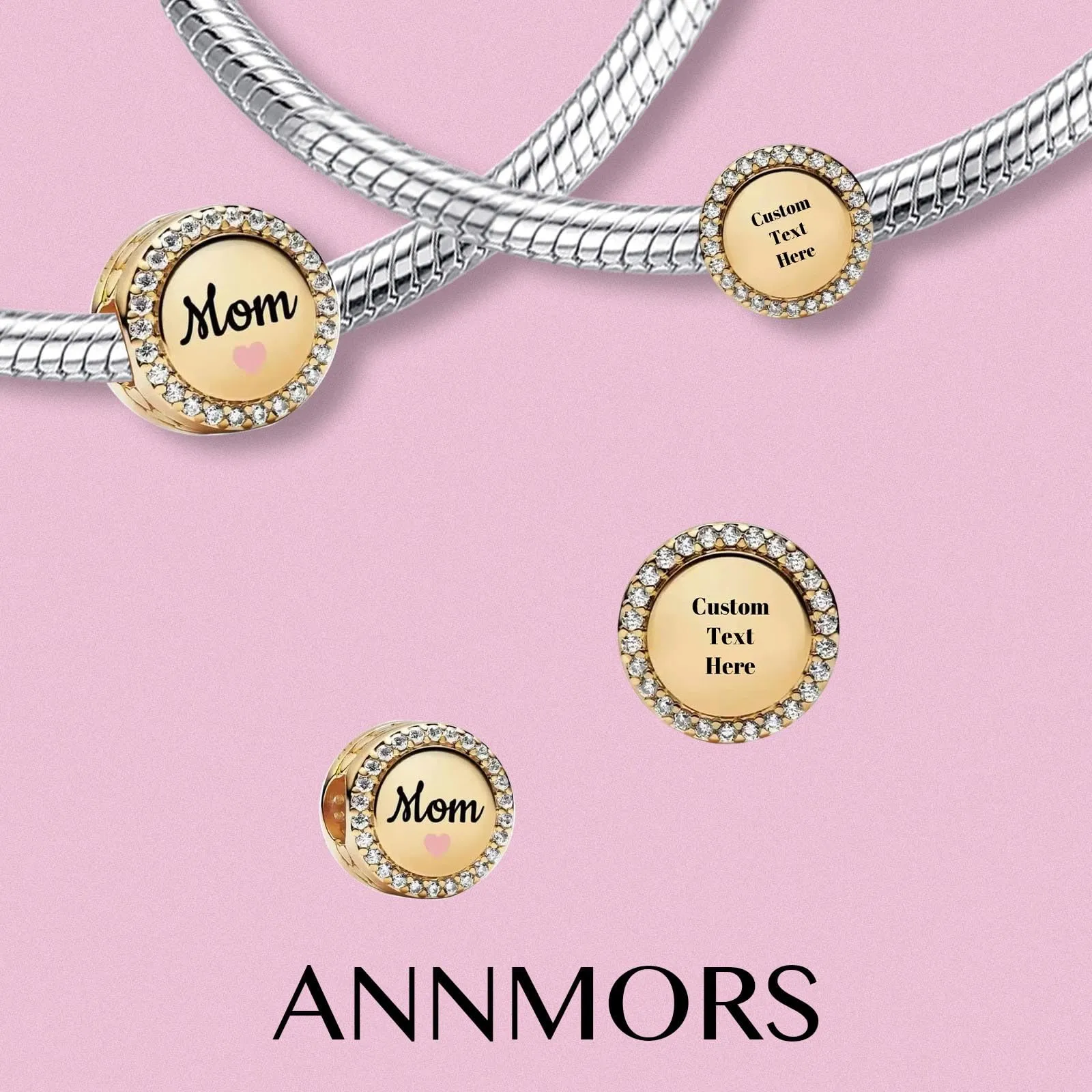 Annmors Charm Personalizzato Mamma Rotondo Inciso in Argento Sterling 925 Oro per Bracciali e Collane - immagine 2