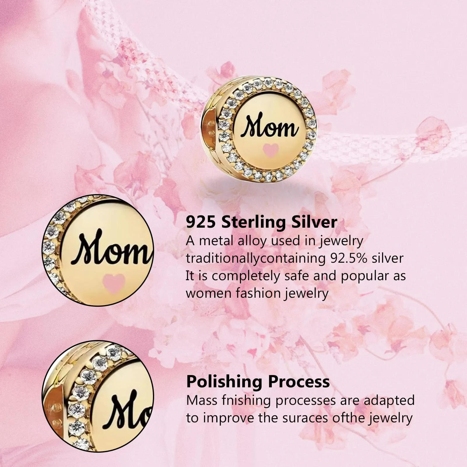 Annmors Charm Personalizzato Mamma Rotondo Inciso in Argento Sterling 925 Oro per Bracciali e Collane - immagine 4