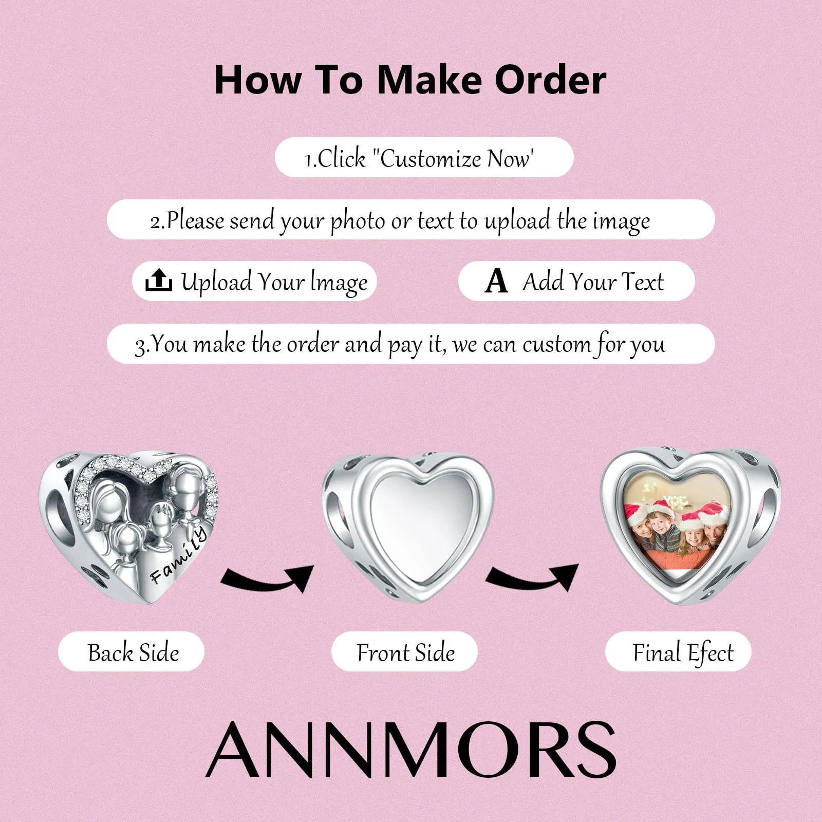 Annmors Family Love 925 Sterling Silver Personalized Photo Charm Bead for Women's Bracelet and Necklace - immagine 3