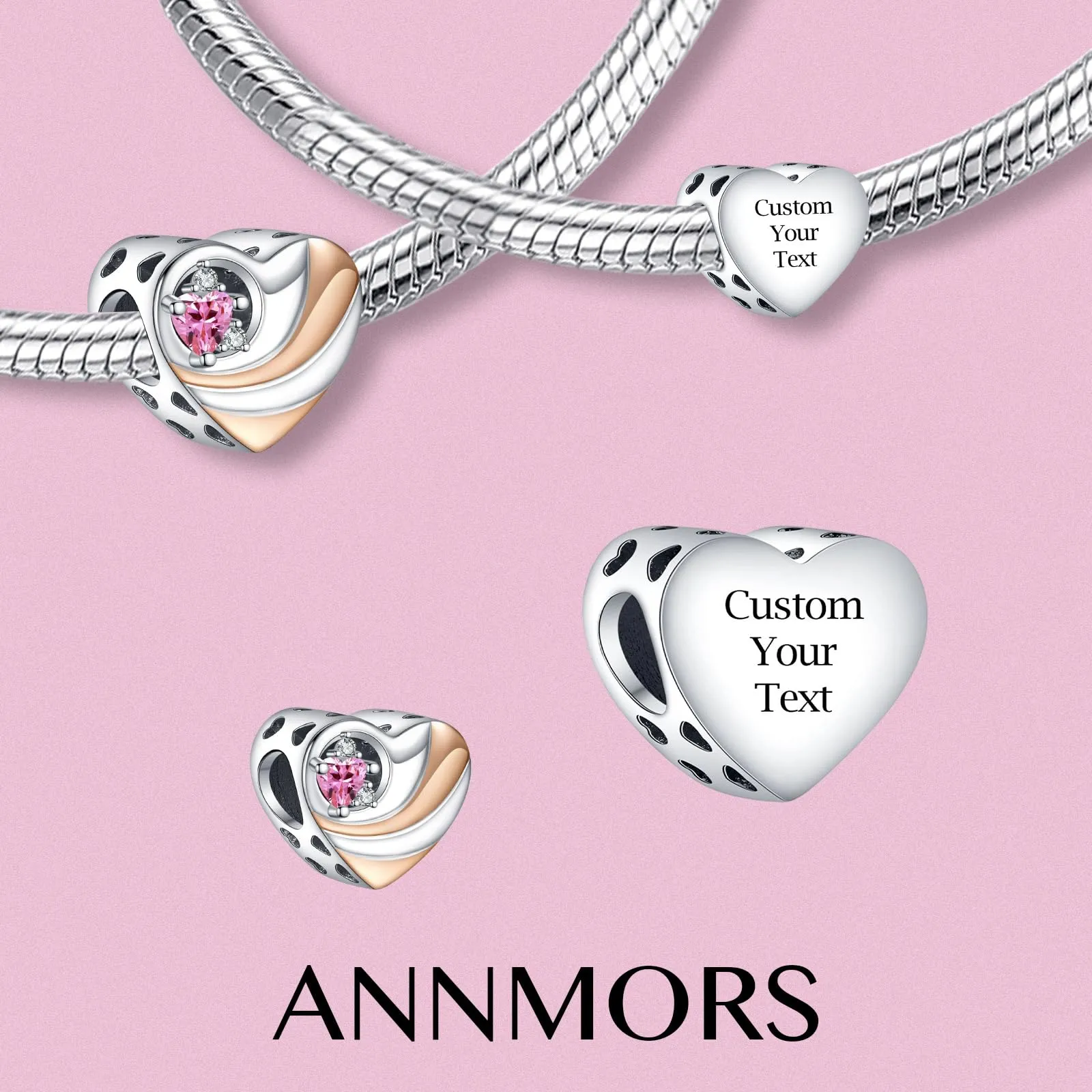 Annmors Cuore Personalizzato Inciso Zircon Rosa Charms in Argento Sterling 925 per Braccialetti e Collane - immagine 2