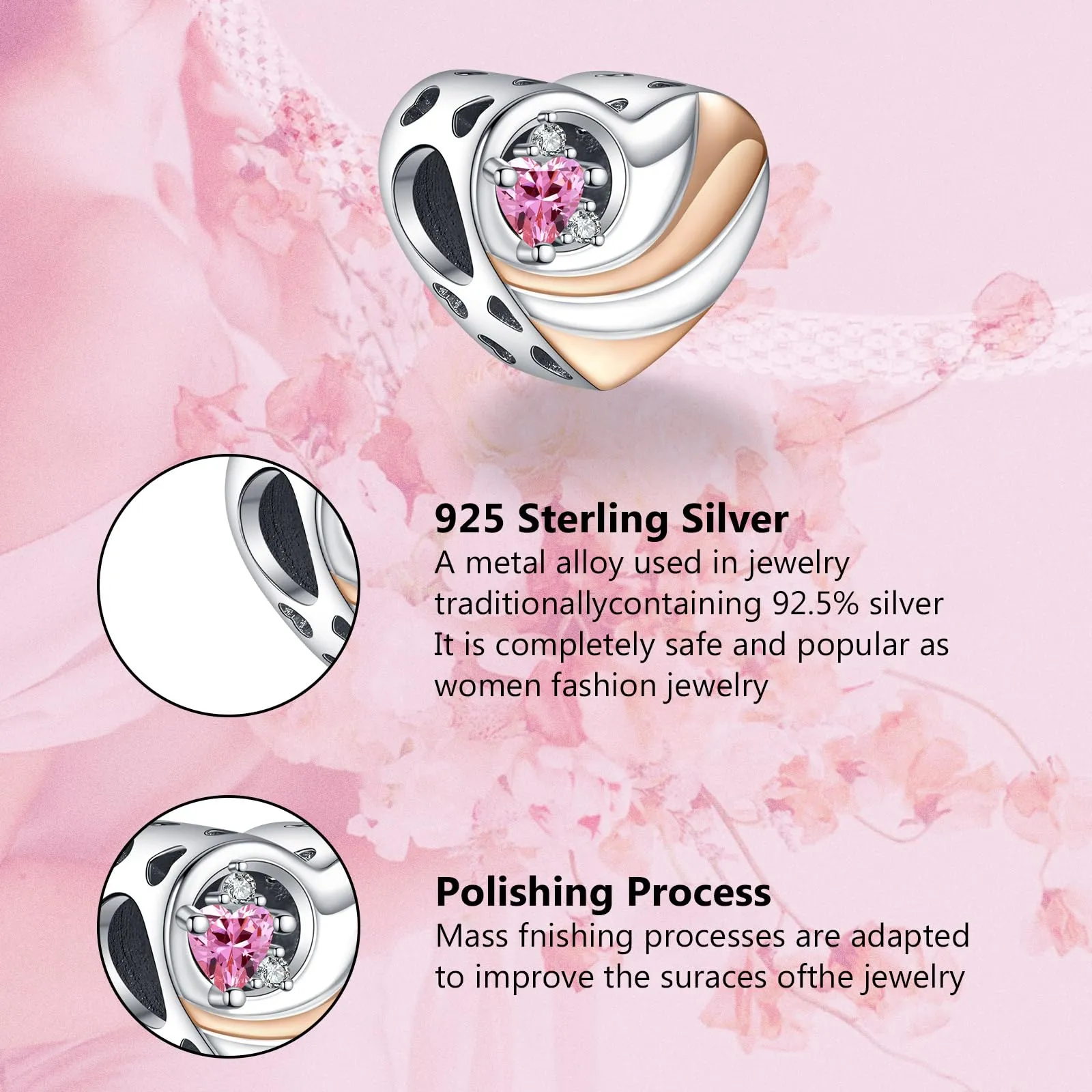 Annmors Cuore Personalizzato Inciso Zircon Rosa Charms in Argento Sterling 925 per Braccialetti e Collane - immagine 4