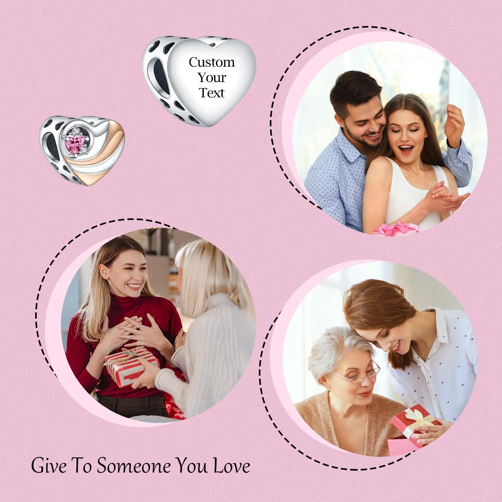Annmors Cuore Personalizzato Inciso Zircon Rosa Charms in Argento Sterling 925 per Braccialetti e Collane - immagine 6