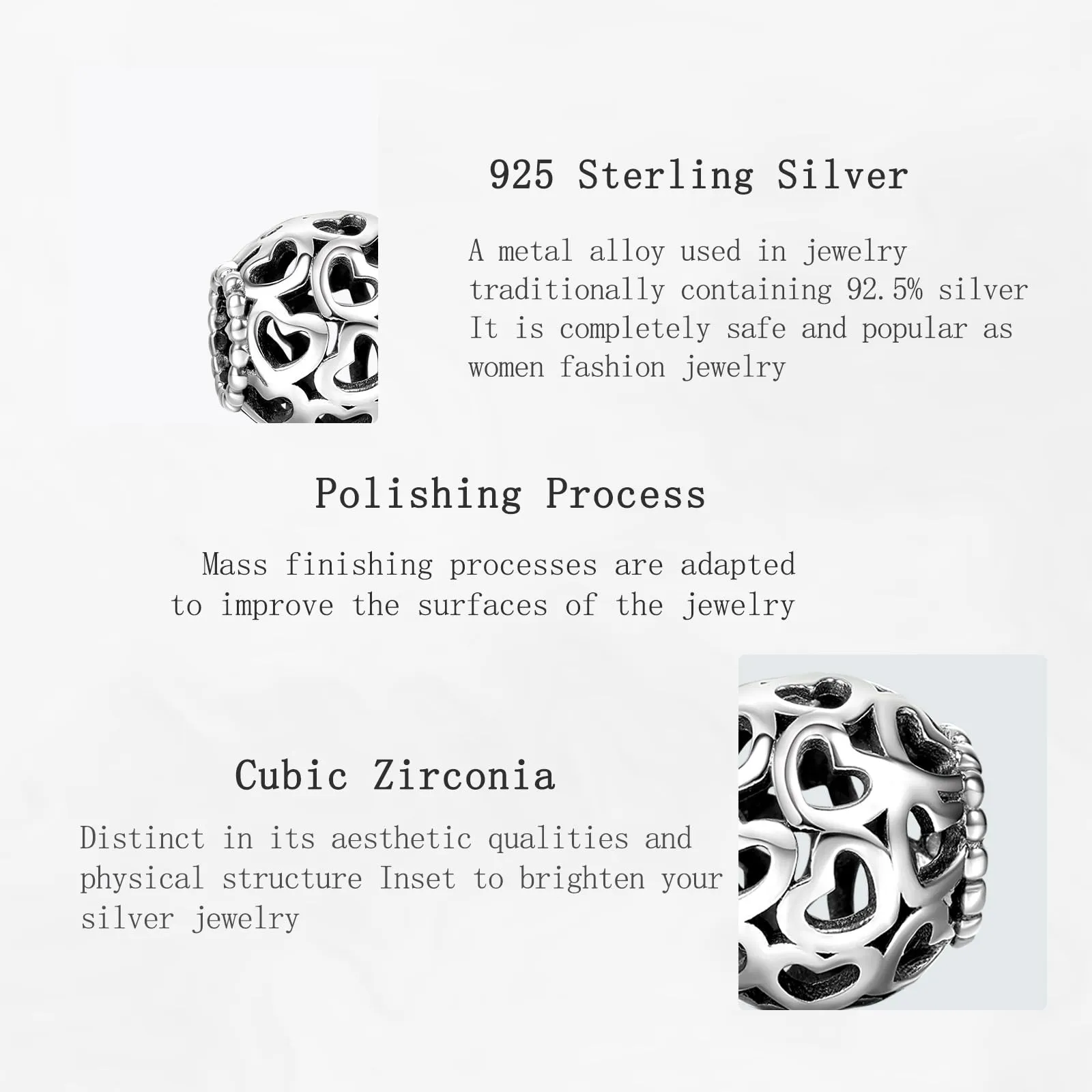 NUNUYAYA Openwork Heart Cubic Zirconia Charm Pendant in 925 Sterling Silver - immagine 4