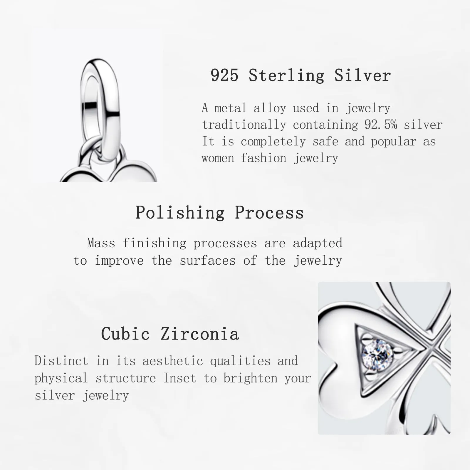 NUNUYAYA Argento Sterling 925 Four-Leaf Clover Cubic Zirconia Charm Bead Pendant - immagine 4