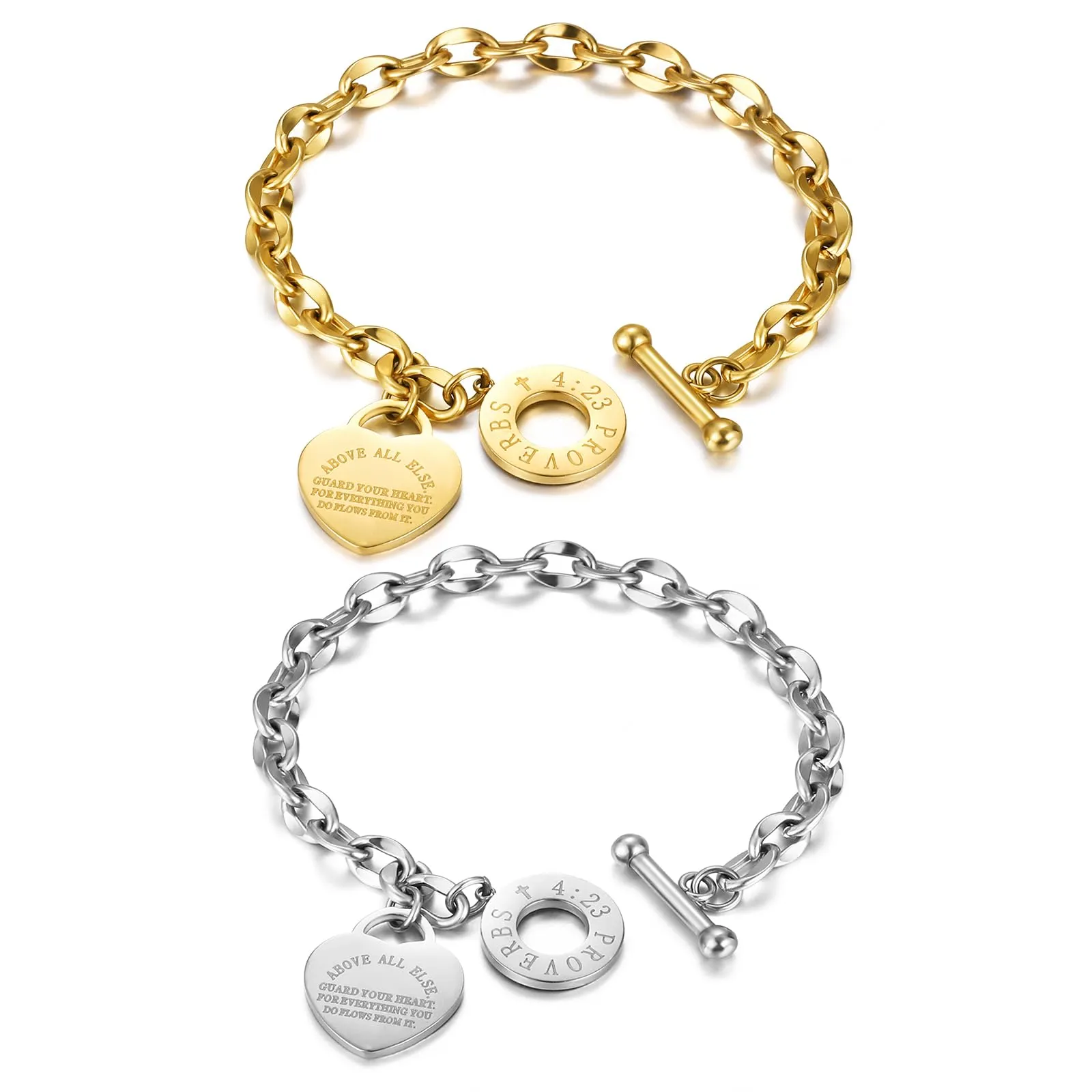 Emibele Bracciale a Catena con Ciondolo Cuore e Versetto Biblico Proverbi 4:23 in Acciaio Inossidabile, Oro - immagine 1