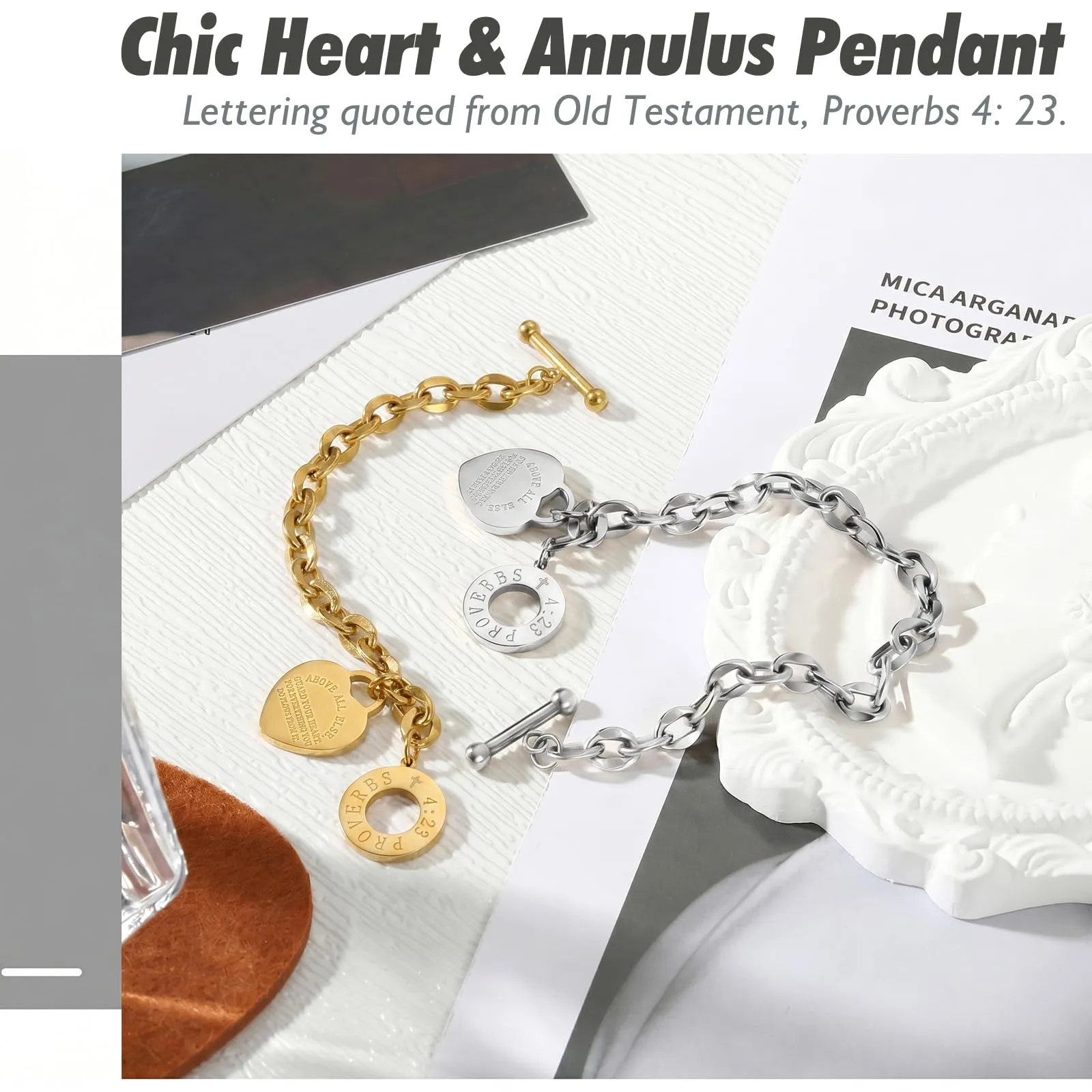 Emibele Bracciale a Catena con Ciondolo Cuore e Versetto Biblico Proverbi 4:23 in Acciaio Inossidabile, Oro - immagine 3