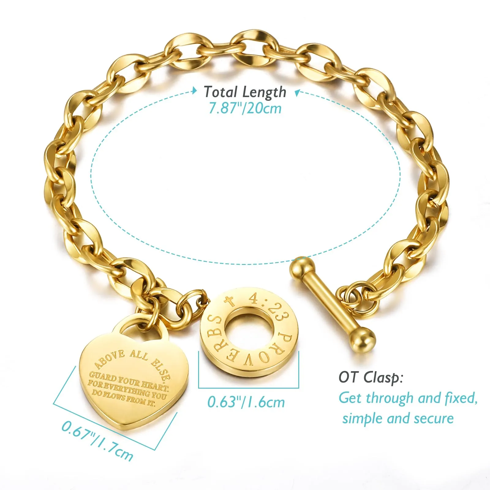 Emibele Bracciale a Catena con Ciondolo Cuore e Versetto Biblico Proverbi 4:23 in Acciaio Inossidabile, Oro - immagine 7