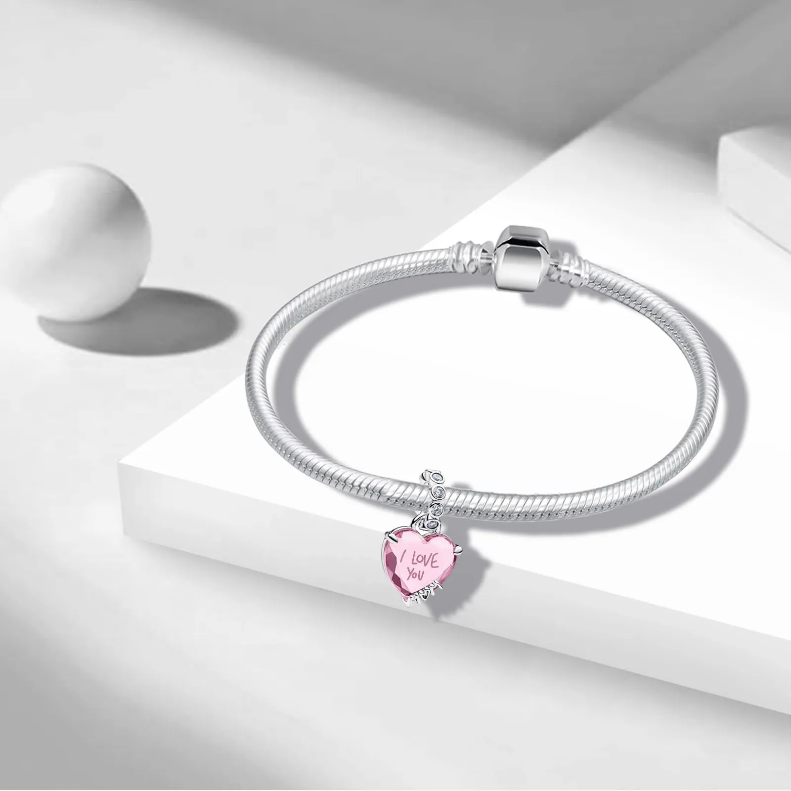NUNUYAYA Pink Heart I Love You Cubic Zirconia Charm Pendant in 925 Sterling Silver - immagine 3