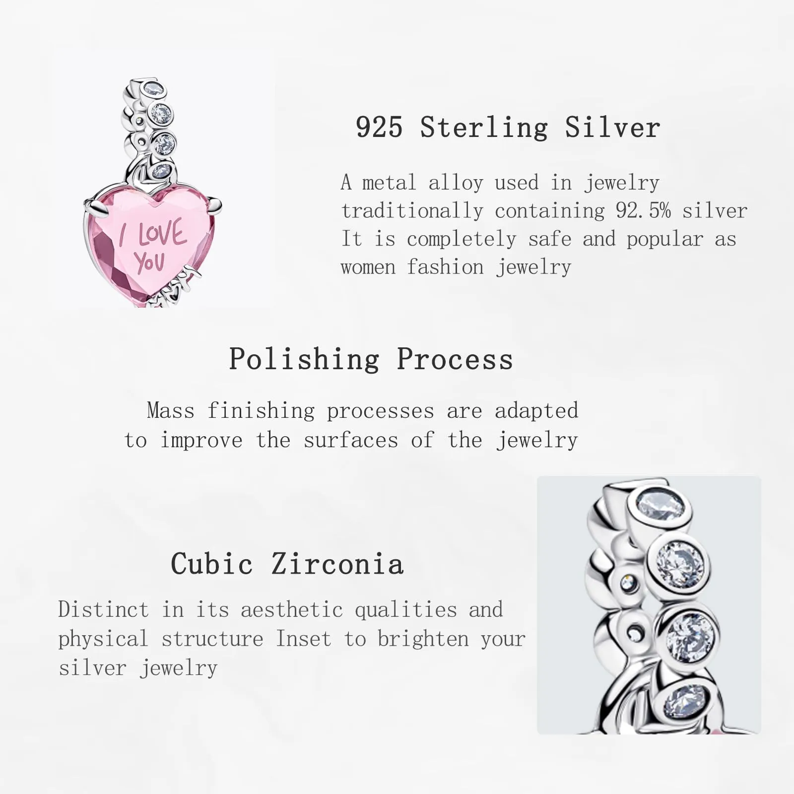 NUNUYAYA Pink Heart I Love You Cubic Zirconia Charm Pendant in 925 Sterling Silver - immagine 4