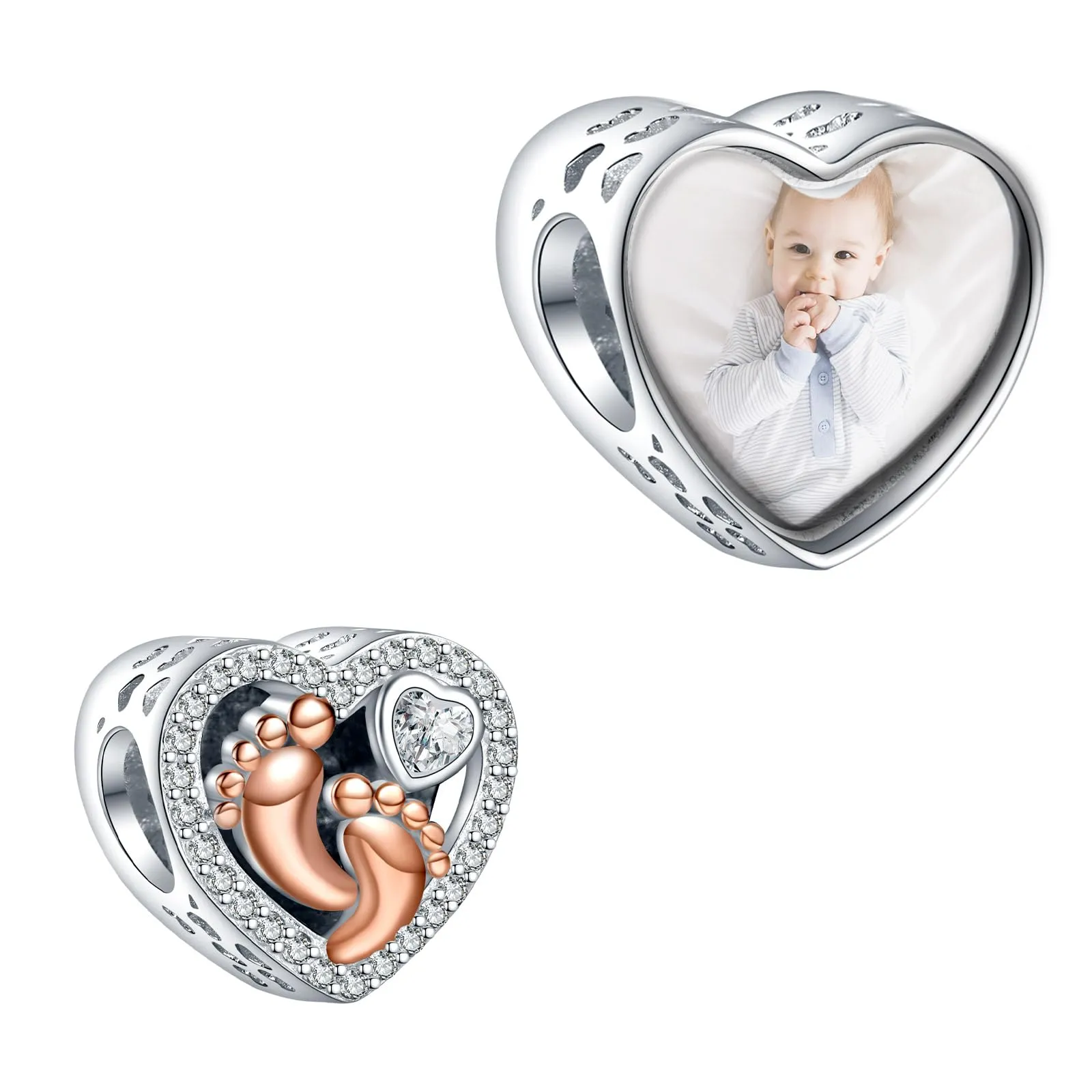 Annmors Ciondolo Personalizzato Foto Impronta Piede Cuore in Argento 925 per Braccialetti e Collane - immagine 1