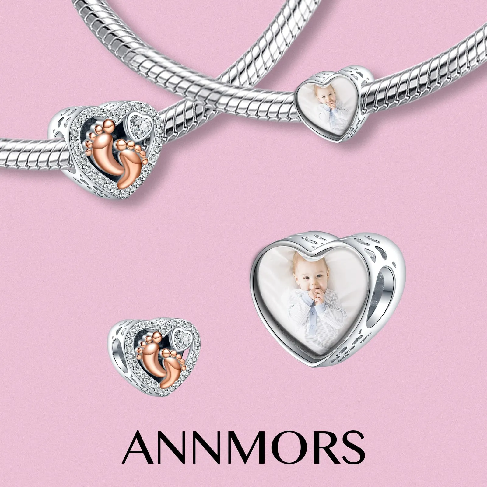 Annmors Ciondolo Personalizzato Foto Impronta Piede Cuore in Argento 925 per Braccialetti e Collane - immagine 2