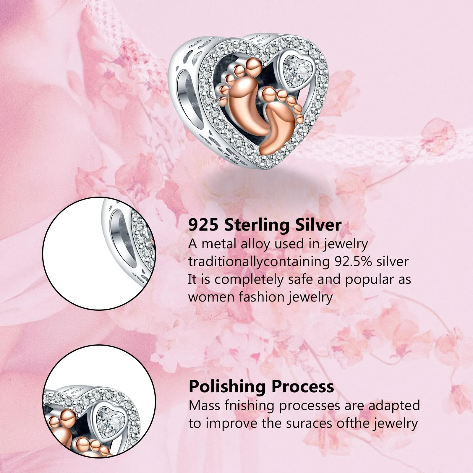 Annmors Ciondolo Personalizzato Foto Impronta Piede Cuore in Argento 925 per Braccialetti e Collane - immagine 4