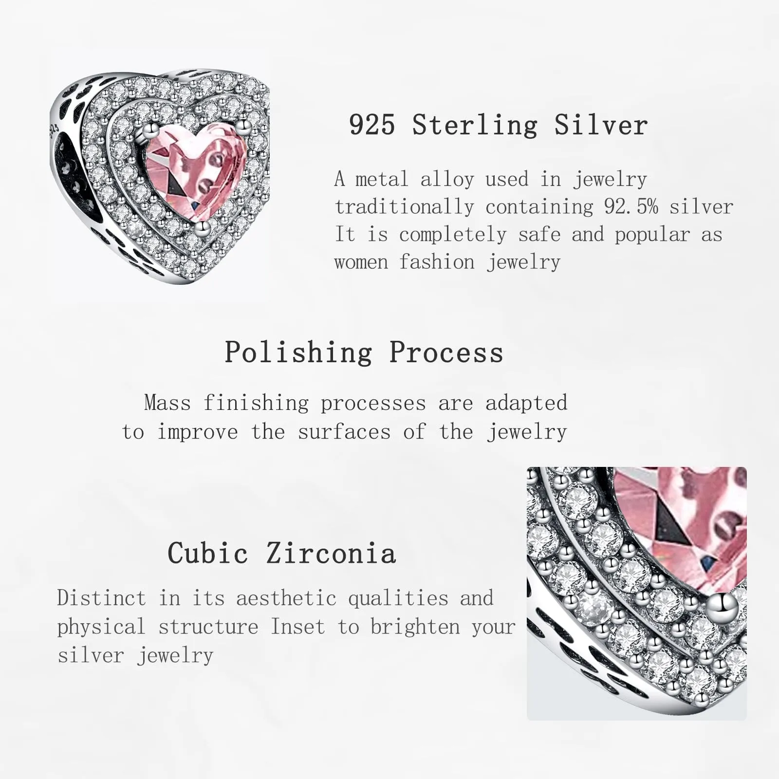 NUNUYAYA Heart Pink Cubic Zirconia Charm Pendant in 925 Sterling Silver - immagine 4