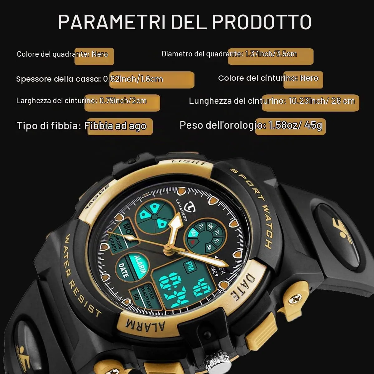 aswan watch Orologio Digitale Multifunzione per Bambini, Impermeabile, Luce LED, L6601-Gold - immagine 2
