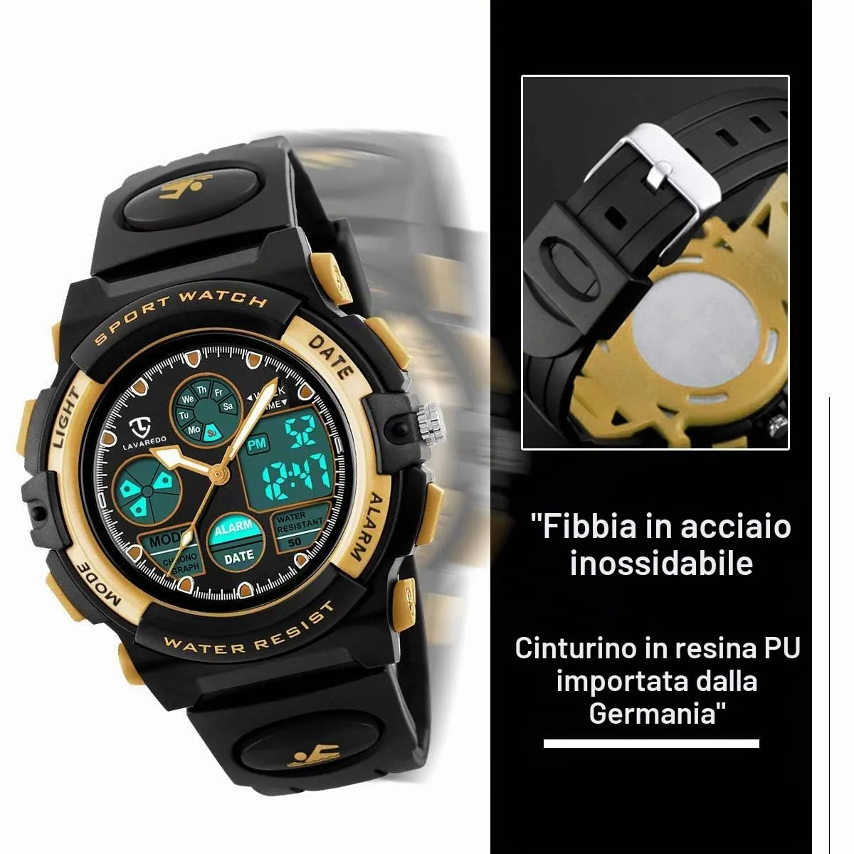 aswan watch Orologio Digitale Multifunzione per Bambini, Impermeabile, Luce LED, L6601-Gold - immagine 3
