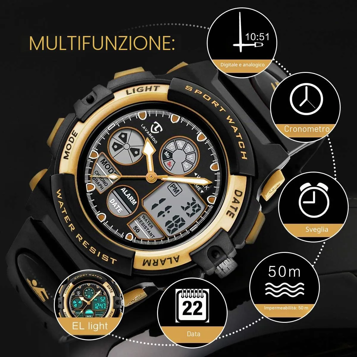 aswan watch Orologio Digitale Multifunzione per Bambini, Impermeabile, Luce LED, L6601-Gold - immagine 4