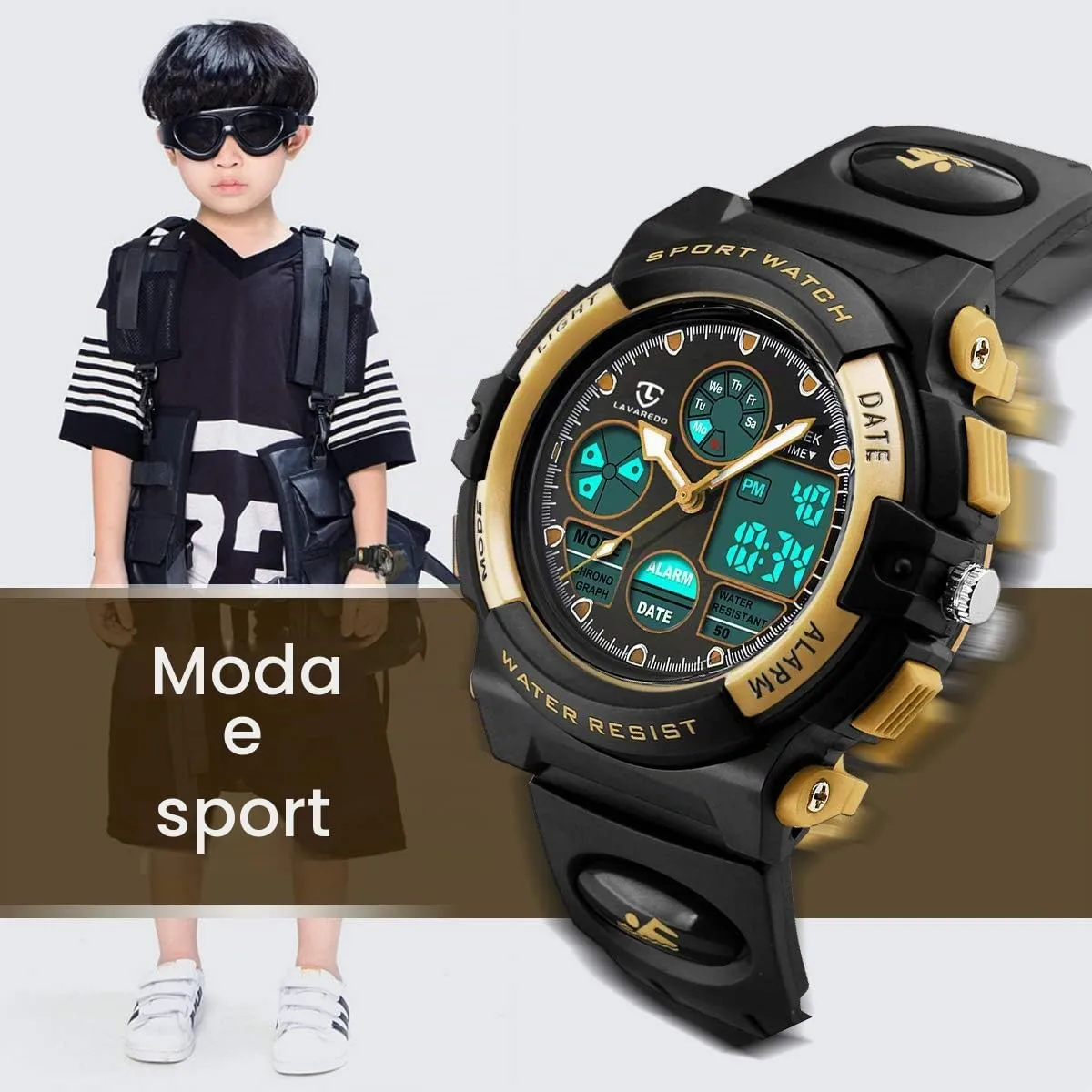 aswan watch Orologio Digitale Multifunzione per Bambini, Impermeabile, Luce LED, L6601-Gold - immagine 5