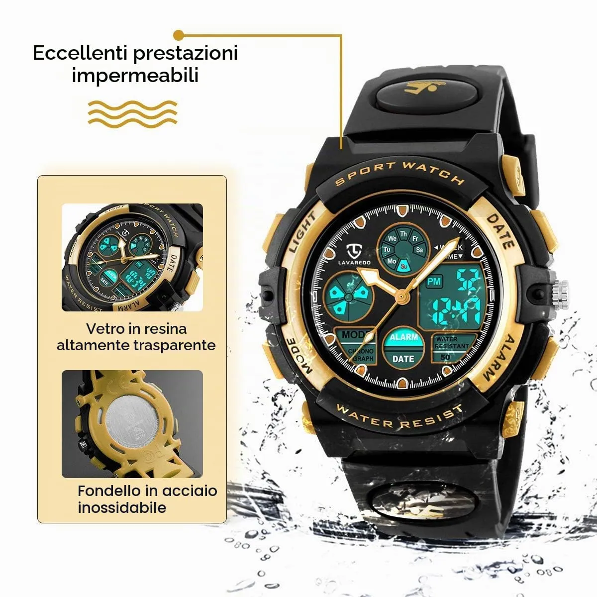 aswan watch Orologio Digitale Multifunzione per Bambini, Impermeabile, Luce LED, L6601-Gold - immagine 6