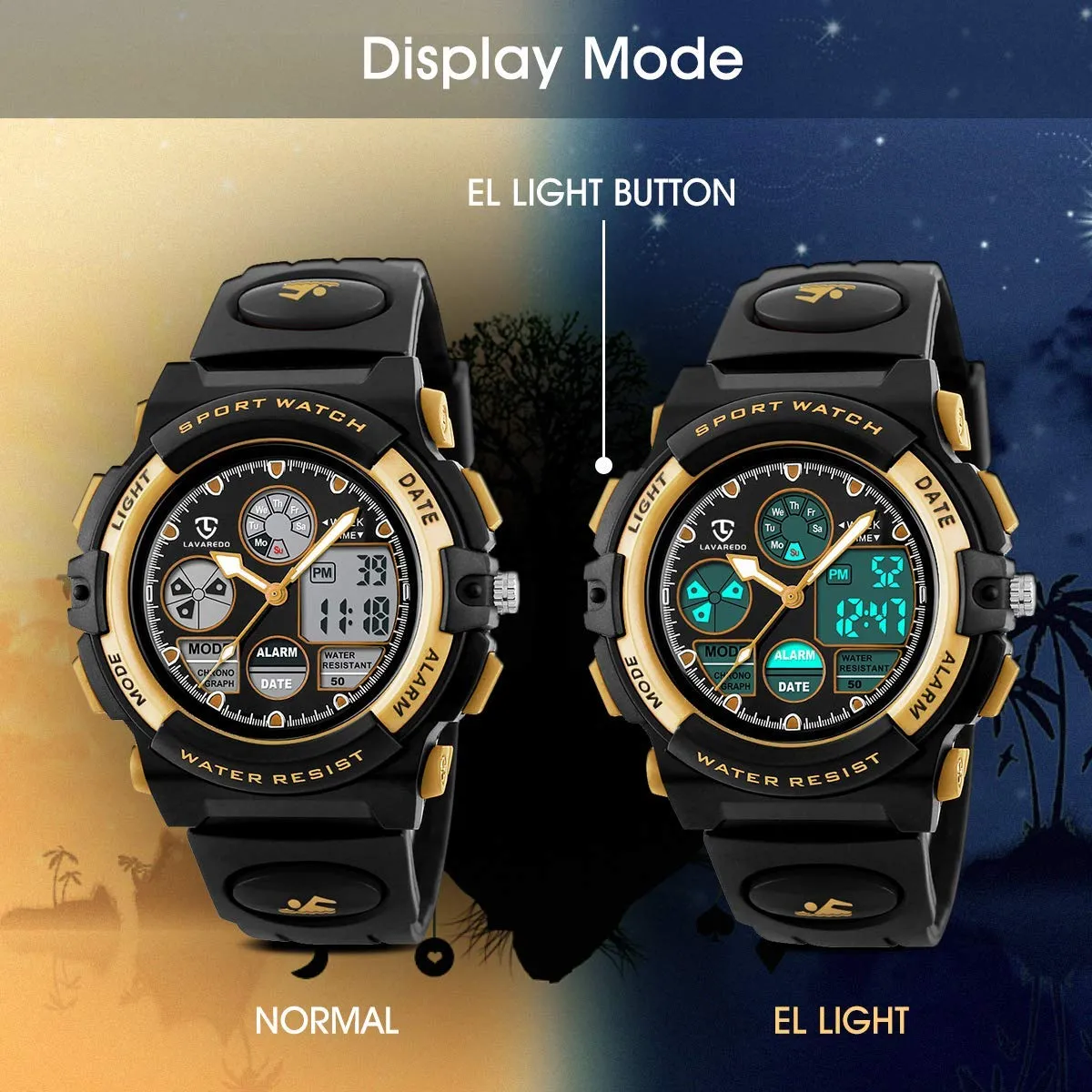 aswan watch Orologio Digitale Multifunzione per Bambini, Impermeabile, Luce LED, L6601-Gold - immagine 7