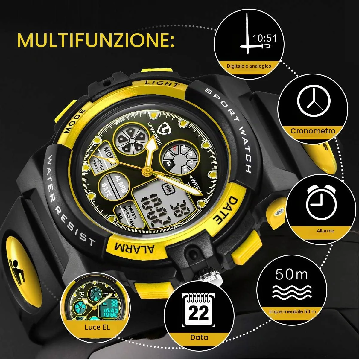 aswan watch Orologio Digitale Multifunzione per Bambini, Impermeabile, Luce LED, SKM1163-Yellow - immagine 3