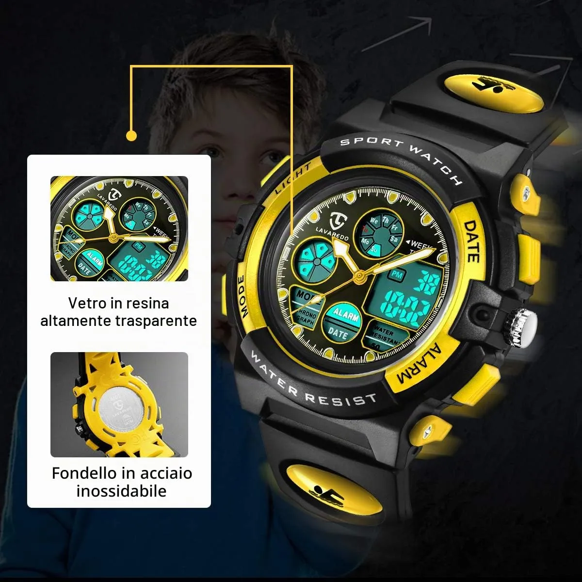 aswan watch Orologio Digitale Multifunzione per Bambini, Impermeabile, Luce LED, SKM1163-Yellow - immagine 4