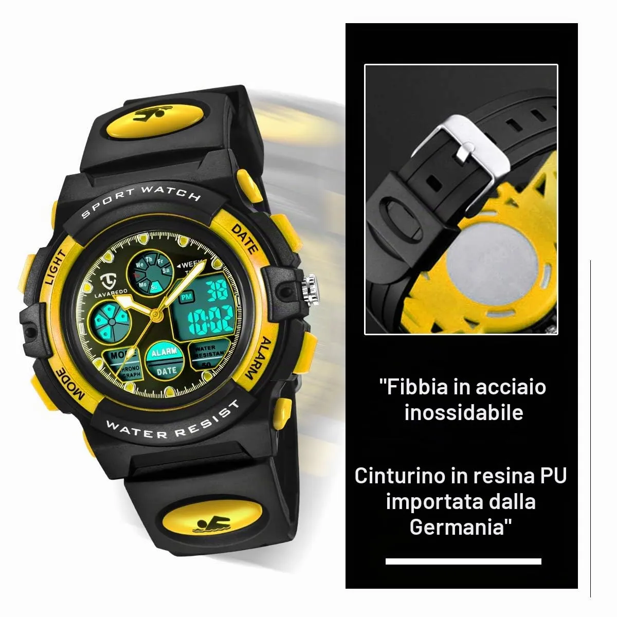 aswan watch Orologio Digitale Multifunzione per Bambini, Impermeabile, Luce LED, SKM1163-Yellow - immagine 6