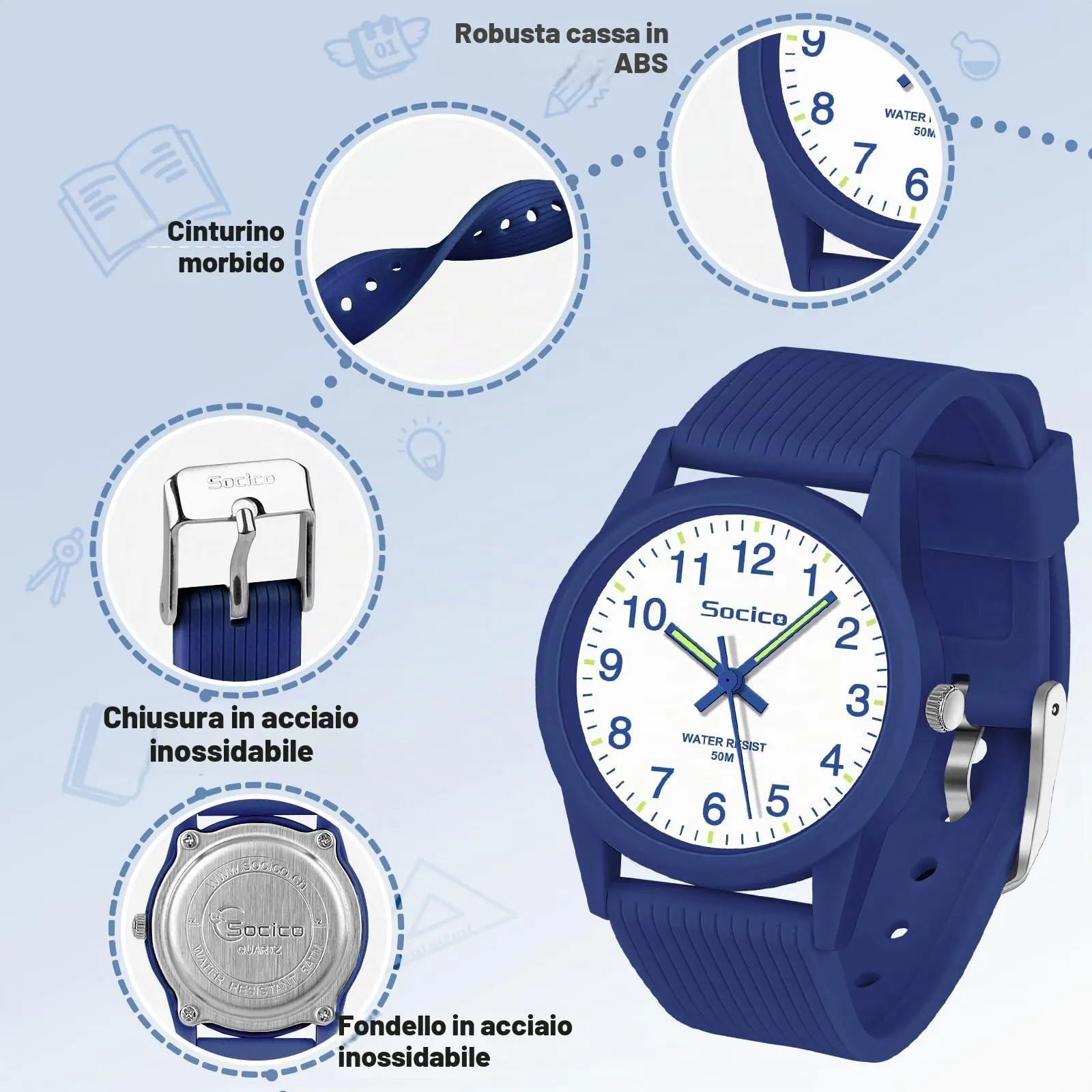 SOCICO Orologio Analogico per Bambini 4-12 Anni, 50m Impermeabile, Soc-6088 - immagine 4
