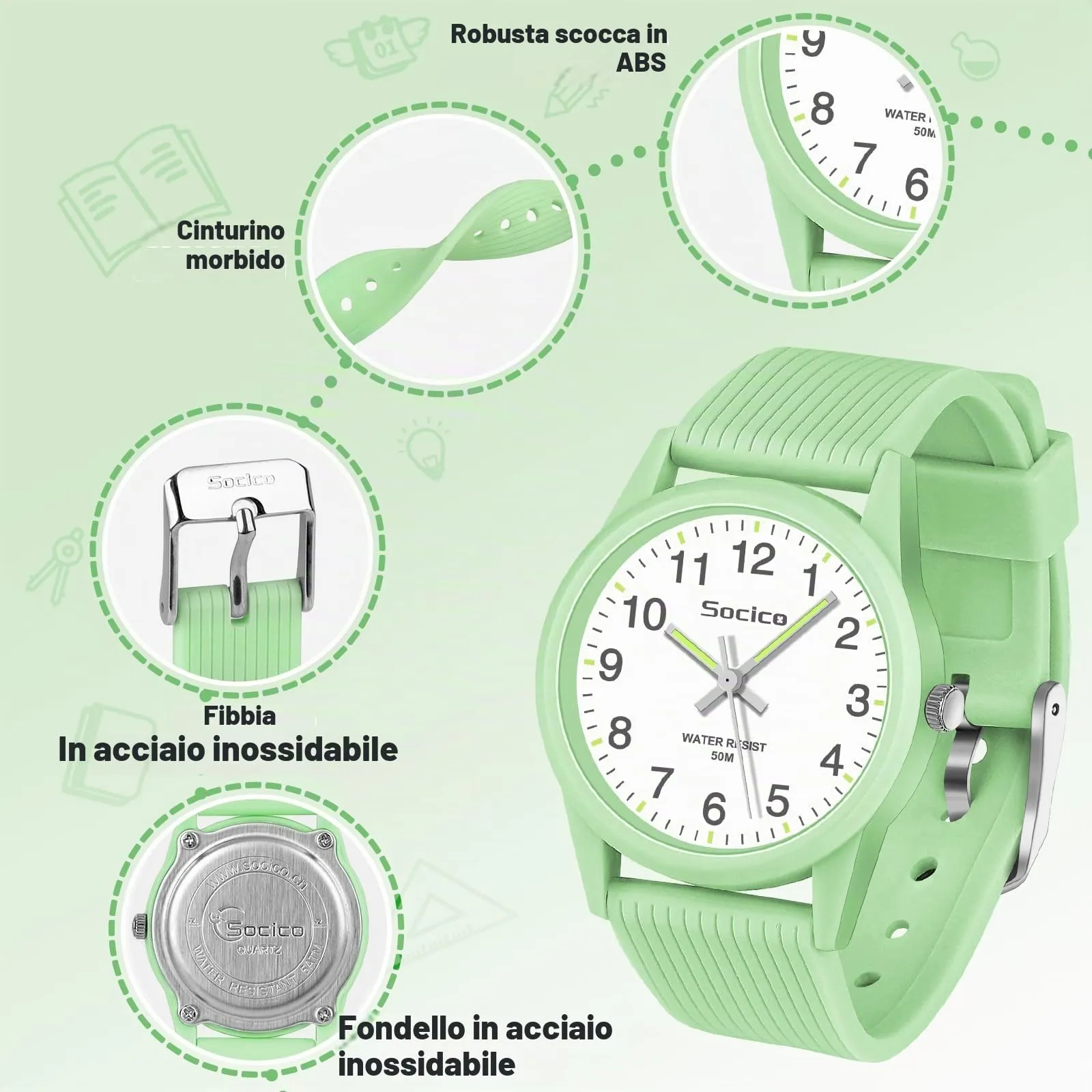 SOCICO Orologio Analogico per Bambini 4-12 Anni, 50m Impermeabile, Soc-6088 - immagine 4