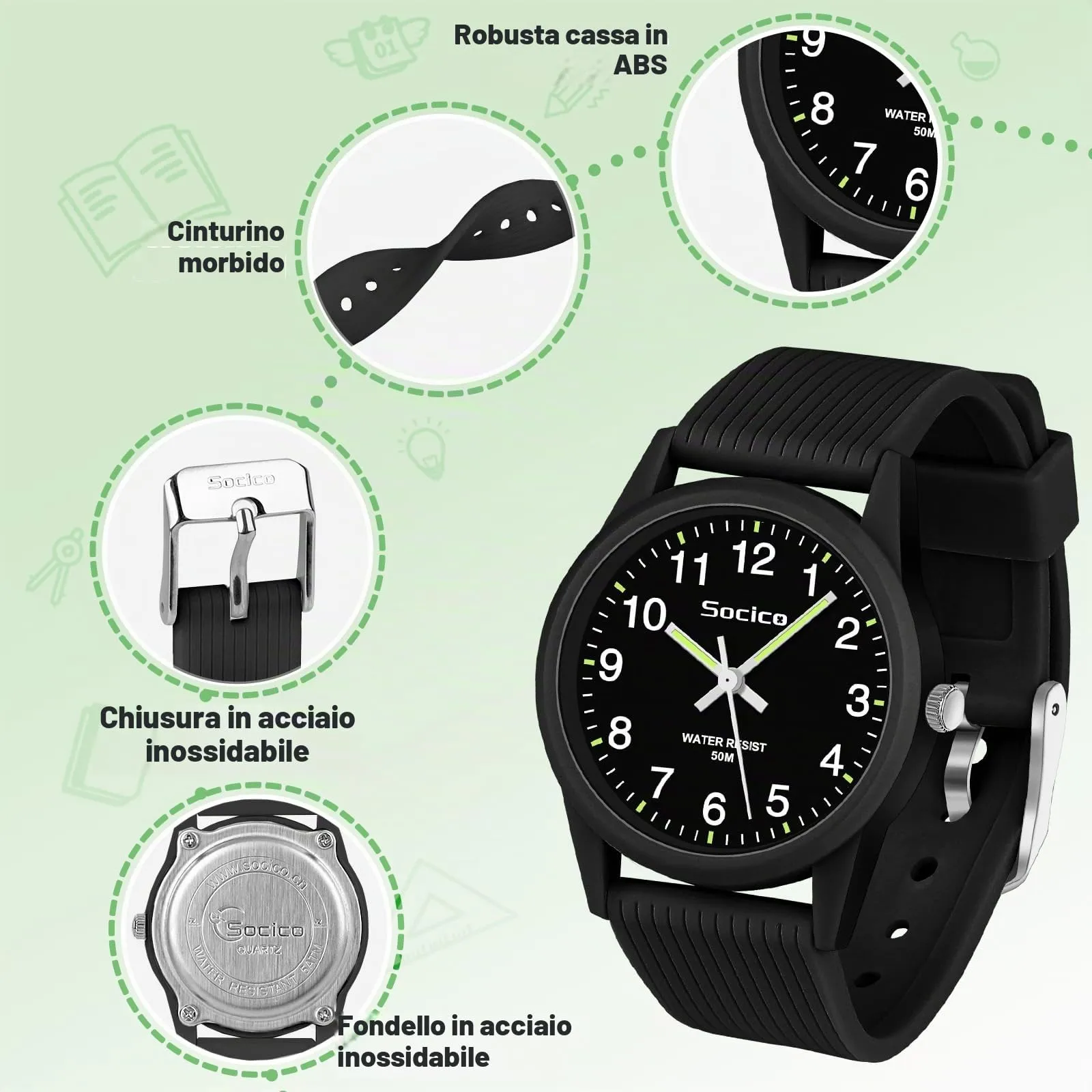 SOCICO Orologio Analogico per Bambini 4-12 Anni, 50m Impermeabile, Soc-6088 - immagine 4