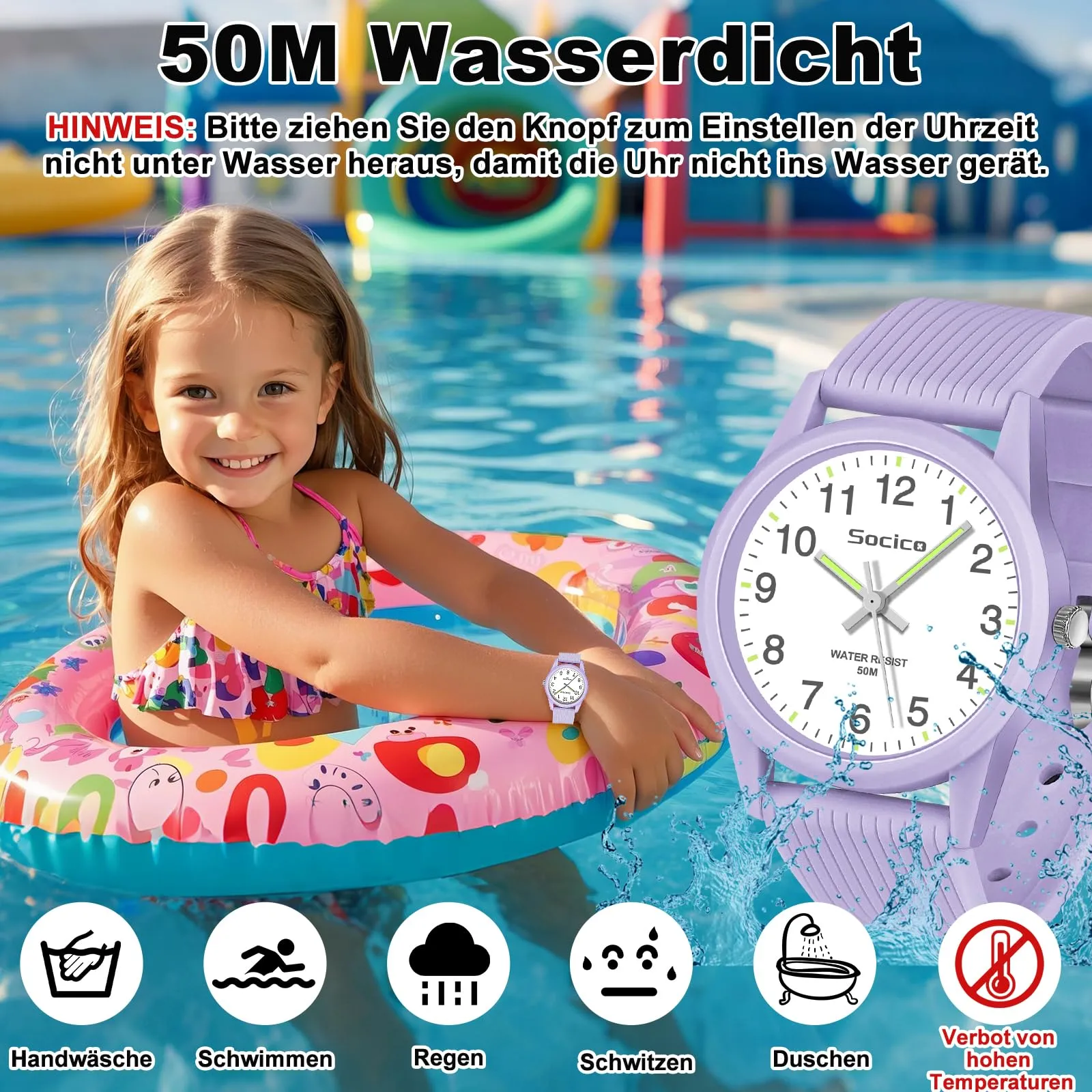 SOCICO Orologio Analogico per Bambini 4-12 Anni, Impermeabile 50m, Lilla - immagine 2