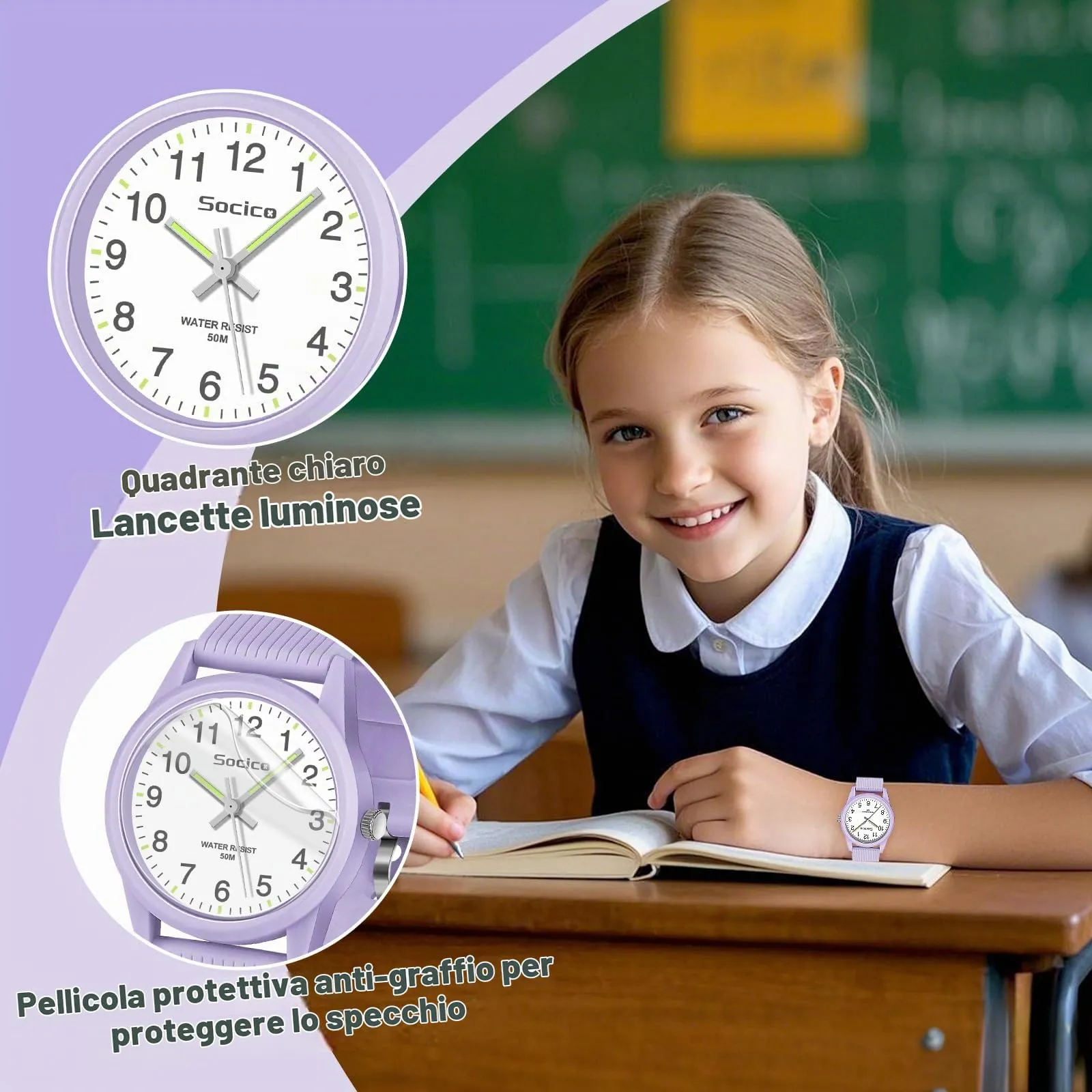 SOCICO Orologio Analogico per Bambini 4-12 Anni, Impermeabile 50m, Lilla - immagine 3