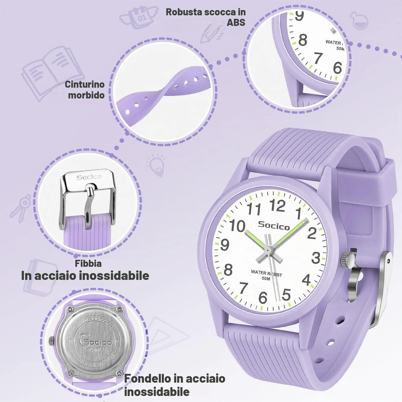 SOCICO Orologio Analogico per Bambini 4-12 Anni, Impermeabile 50m, Lilla - immagine 4