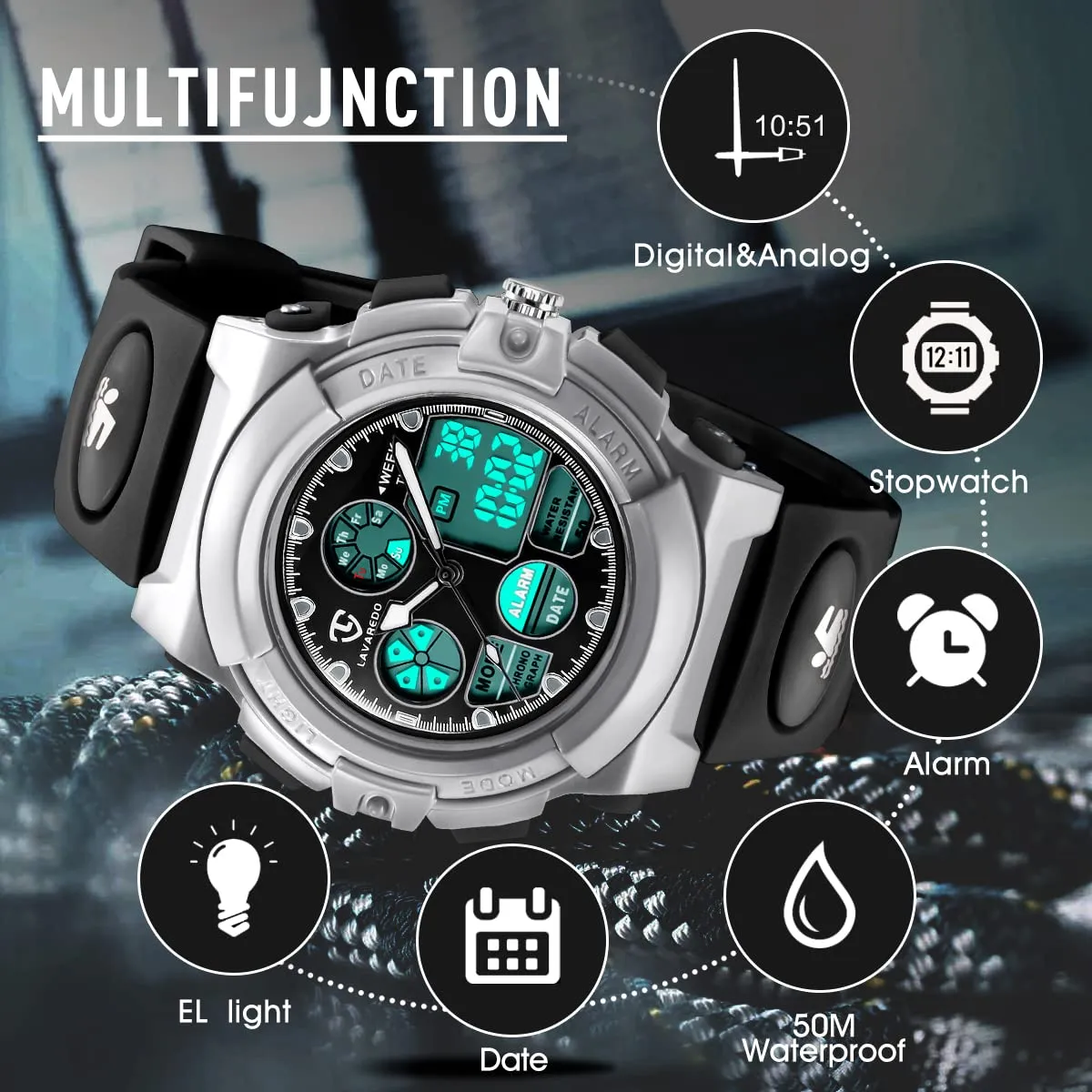 aswan watch Orologio Digitale Multifunzione Bambini Impermeabile Luce LED L6601 - immagine 3