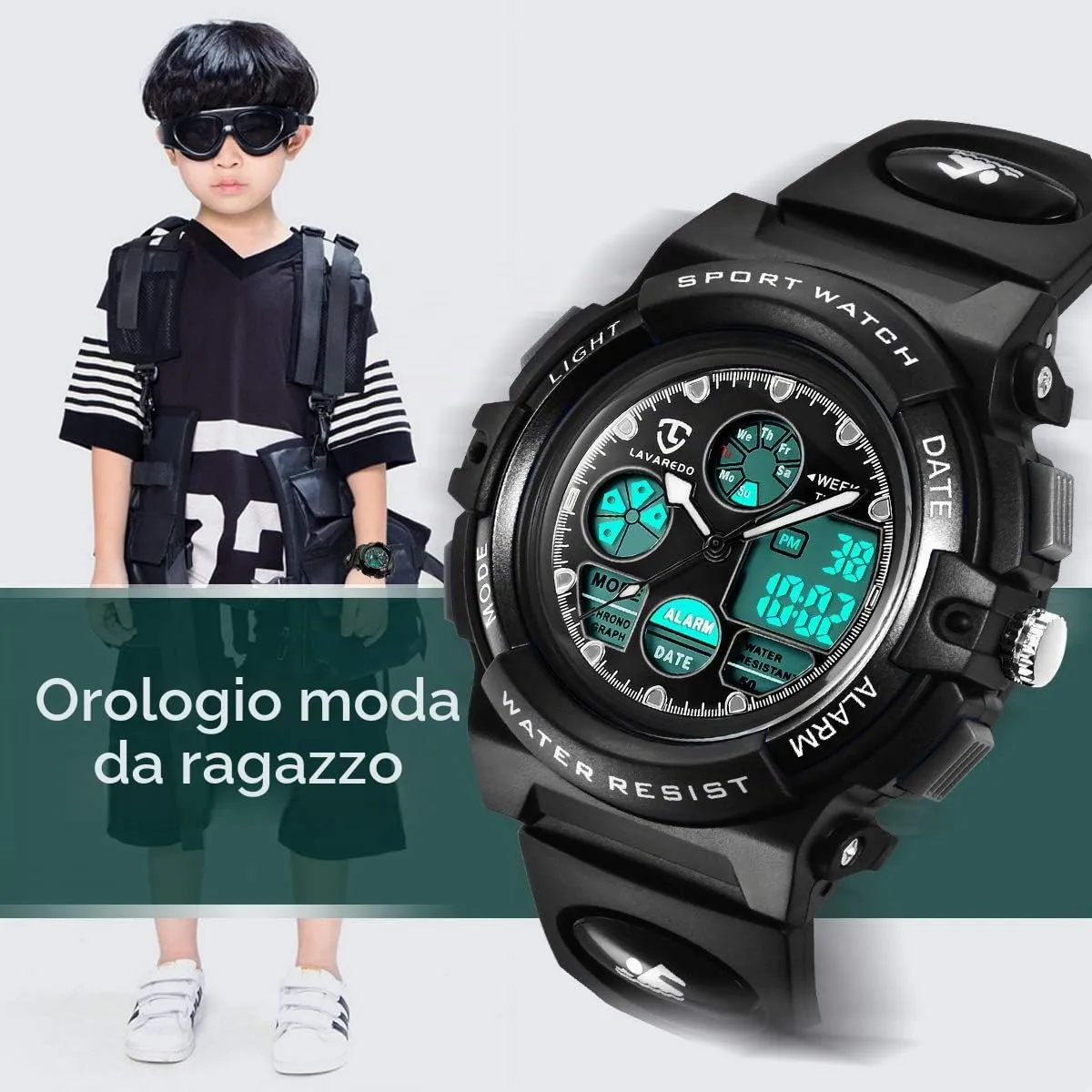 aswan watch Orologio Digitale Multifunzione Bambini Impermeabile Luce LED L6601-Black - immagine 2