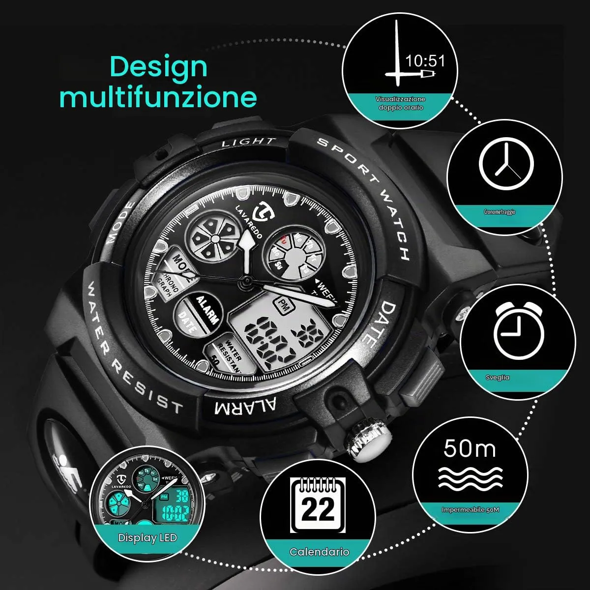 aswan watch Orologio Digitale Multifunzione Bambini Impermeabile Luce LED L6601-Black - immagine 3